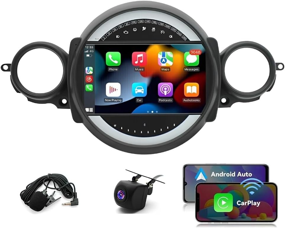Android 13 Car Stereo for BMW Mini Cooper R56 2007 2008 2009 2010 2011 2012 2013 2014, 9 inches Touchscreen Car Radio with CarPlay Android Auto, Support GPS Navi SWC Bluetooth WiFi DSP FM Camera Mic