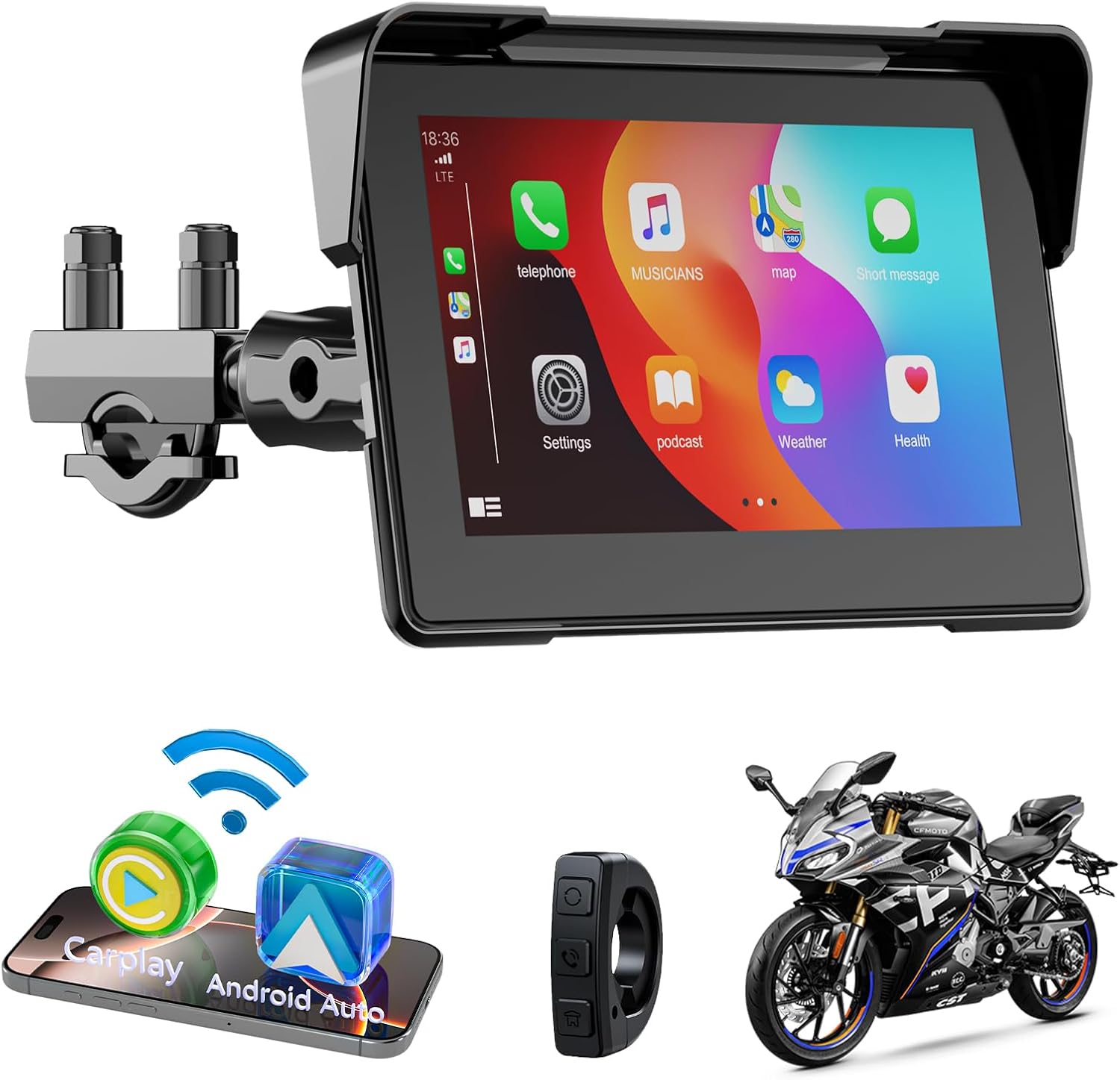 Motorcycle Carplay Screen for Apple carplay & Android Auto, 7