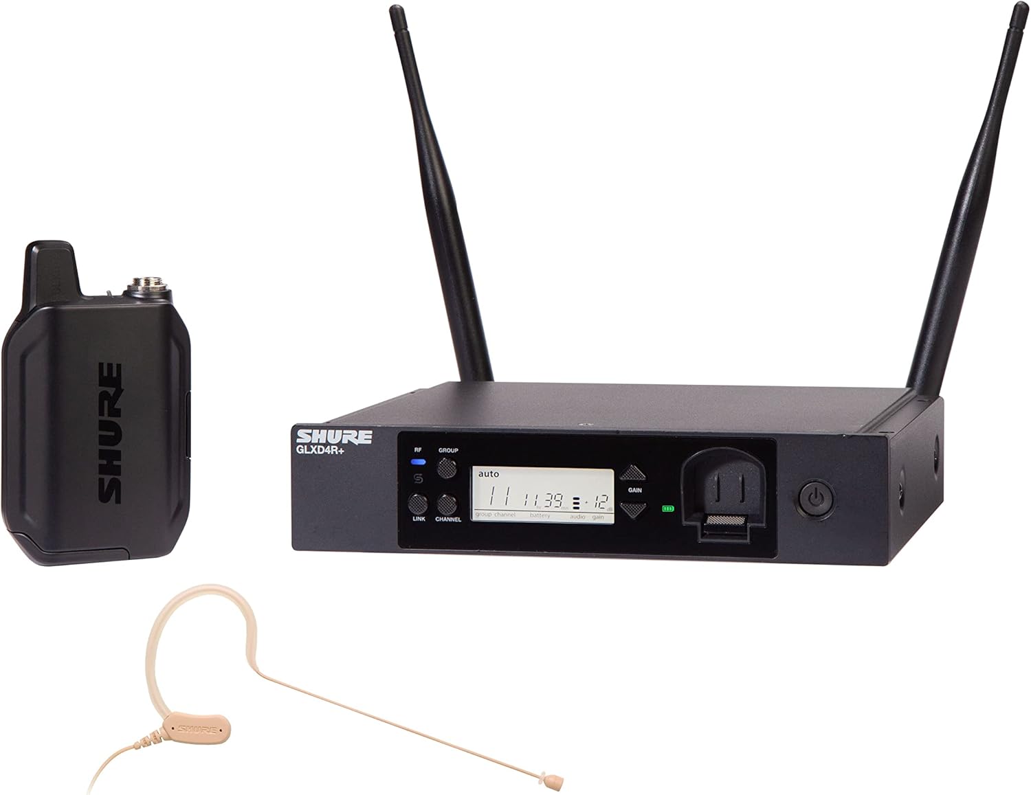 Shure GLXD14R+/MX53 Dual Band Pro Digital Wireless Microphone System - 12-Hour Battery Life, 100 ft Range | MX153 Headset Mic, Single Channel Rack Mount Receiver (GLXD14R+/MX53-Z3)