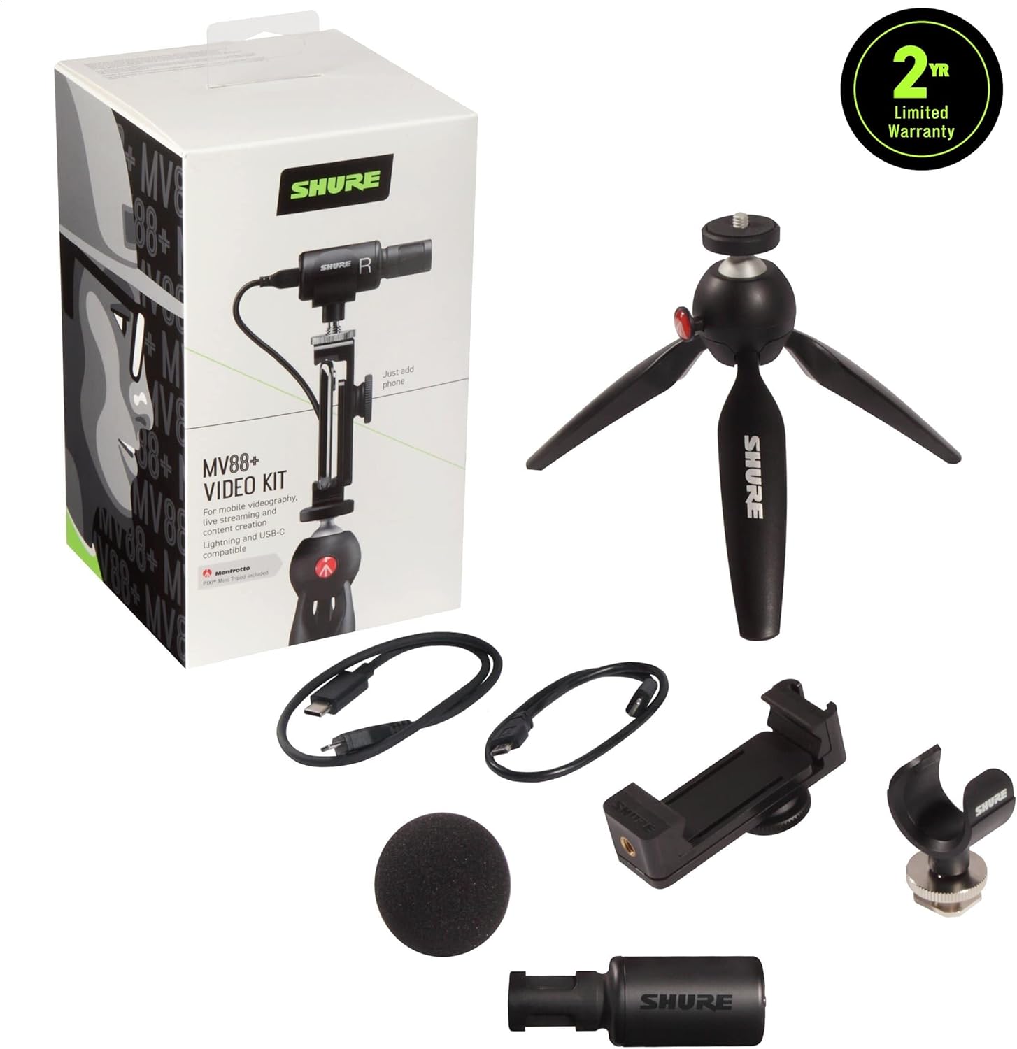 Shure MV88+ Video Kit - Digital Stereo Condenser Microphone for Apple and Android, with Manfrotto PIXI Tripod, Phone Clamp, Mount, iOS and USB-C Cables for Next-Level Compatibility and Connectivity