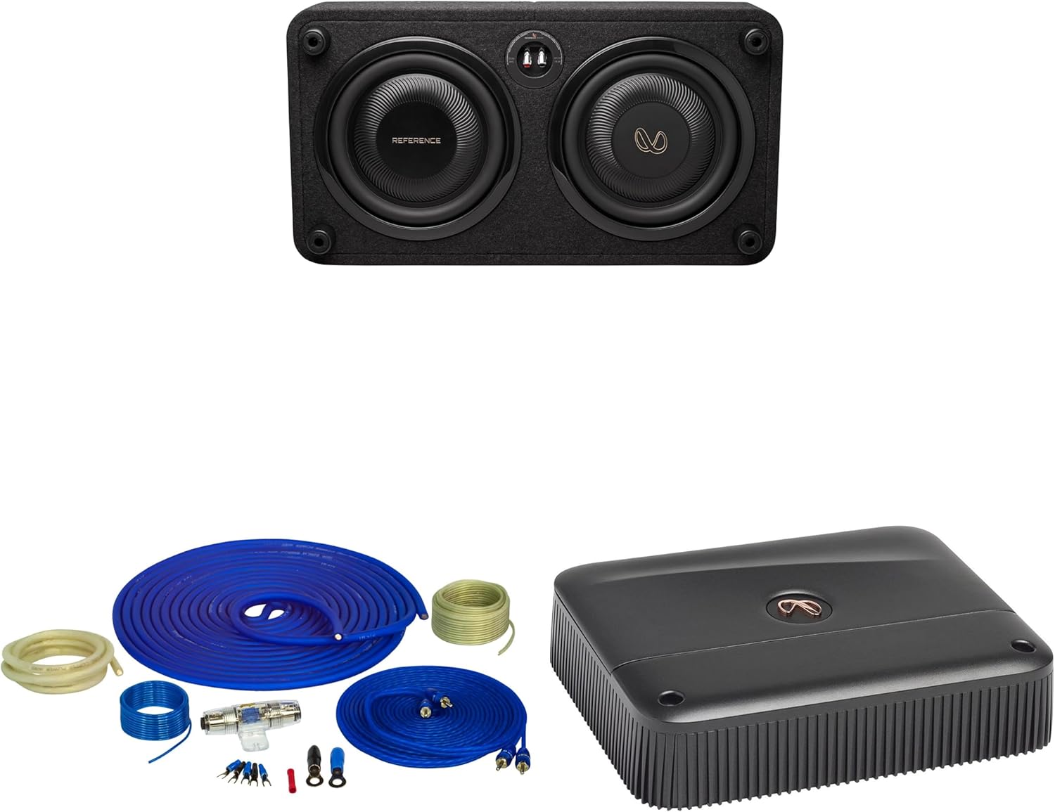Infinity REFERENCE1000SSL Single 10” Thin Enclosure with Passive Radiator with Infinity Reference-6001A Mono, 600w X 1 Amplifier with Bass Knob and 4GA Pure Copper Amp Wiring Kit