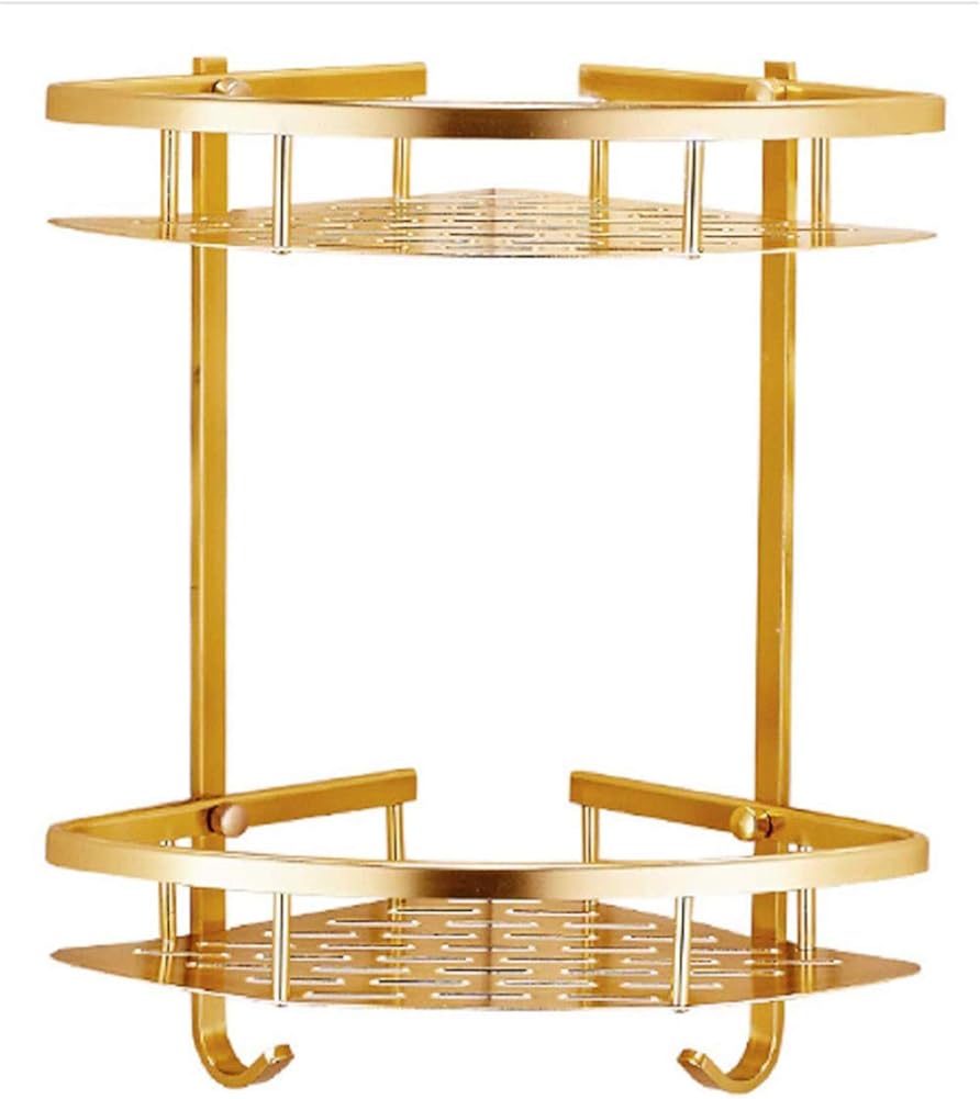 Exquisite Bathroom Shelves Corner Shelf for Shower Wall Mount, 2 Tiers Shower Caddy Corner Shelf Organizer with Hooks, No Drilling Bathroom Bathtub Shower Caddy Holder Corner Rack Stainless SteelGold