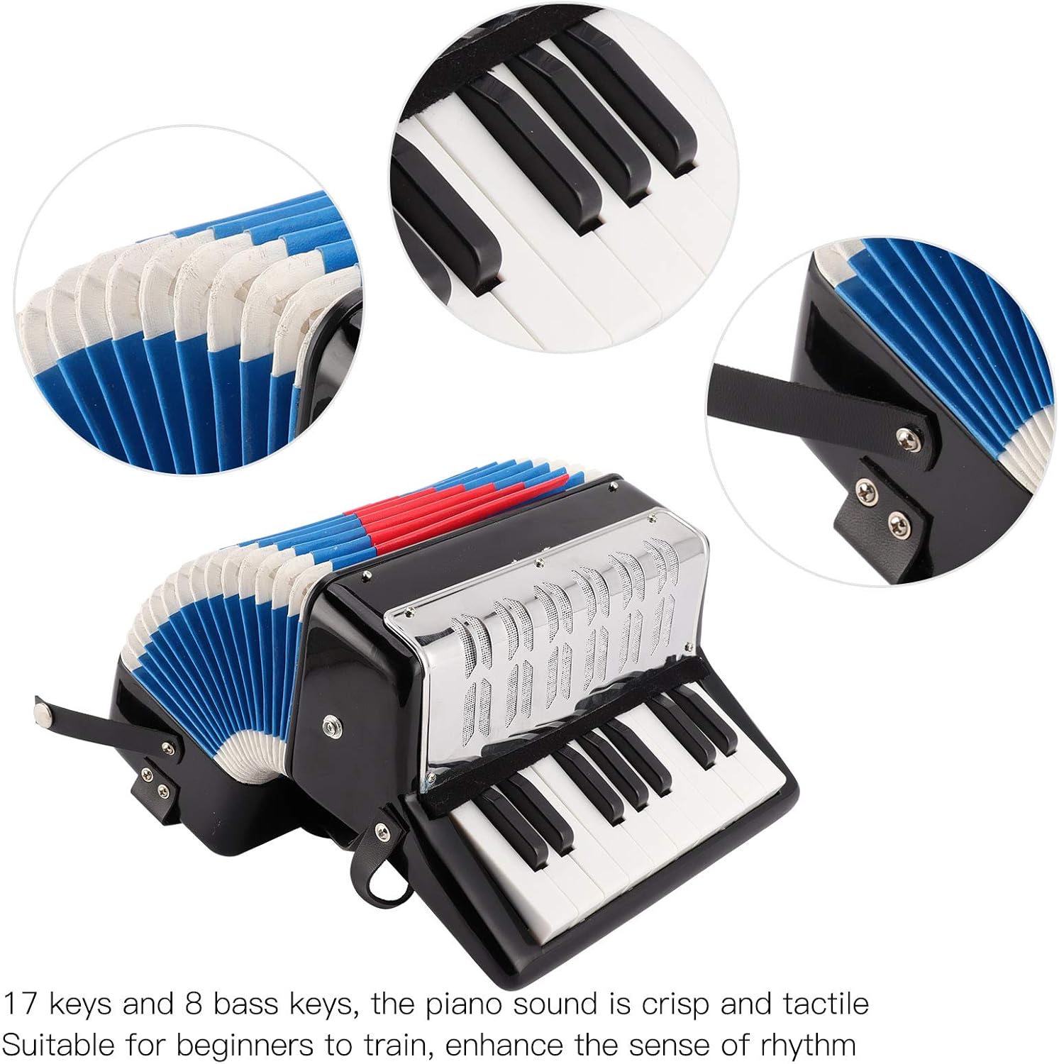 Eujgoov Accordion Musical Piano Keyboard Rhythm Training Spring Instrument 17 Key 8 Bass Black