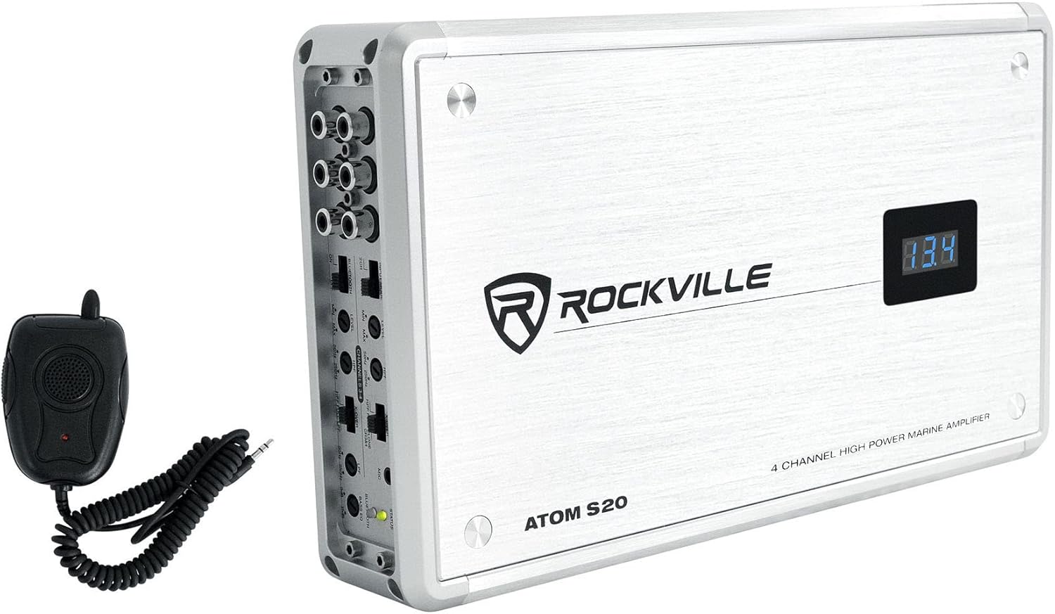 Rockville Atom S20 1600W 4-Channel Marine Amplifier with Bluetooth, PA Mic, Class AB, Adjustable Crossover, Rustproof, for Boats and Marine Sound Systems