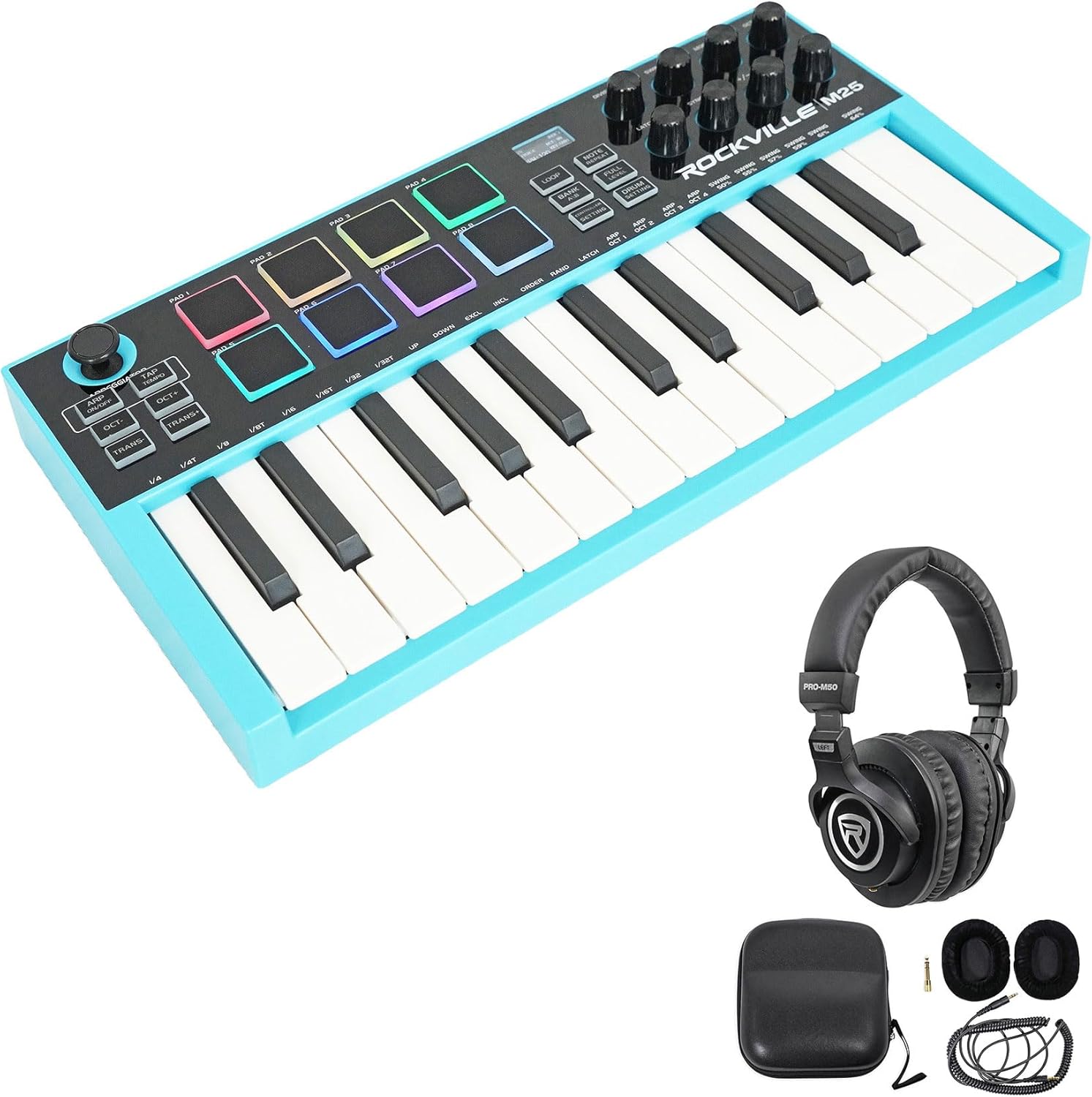 Audisavings Bundle: Rockville M25 25 Key USB Wireless MIDI Keyboard Controller With Bluetooth+8 Pads Bundle With Rockville PRO-M50 Studio Headphones w/Detachable Coil Cable, Case (2 Items)