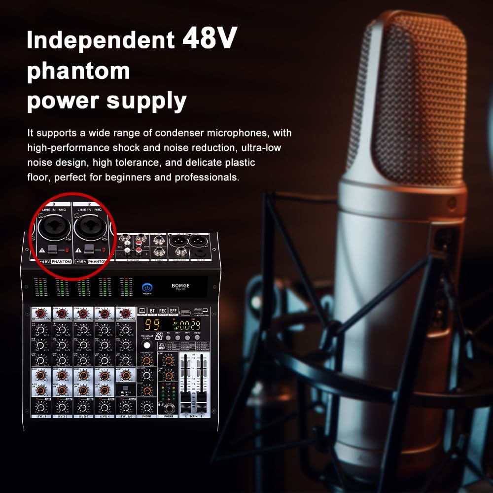 BOMGE Professional audio mixer 6 Channel Mixing Console with 99 DSP Effect,+48V Phantom, Bluetooth,USB Interface.2 AUX.FX Processor for studio recording & Live Performances