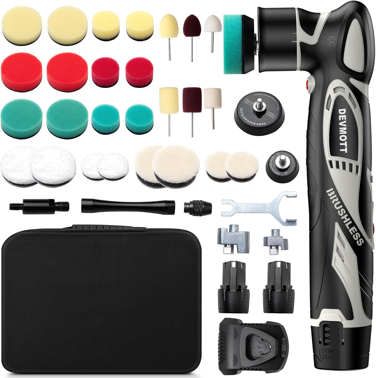Cordless Mini Polisher, 12V Brushless Motor, 1/2Inch Mini Buffer Polisher with 2 x 2.5Ah Batteries, 2000-5500 RPM, RO/DA Polishing Kits for Car Waxing, Polishing & Scratch Removal