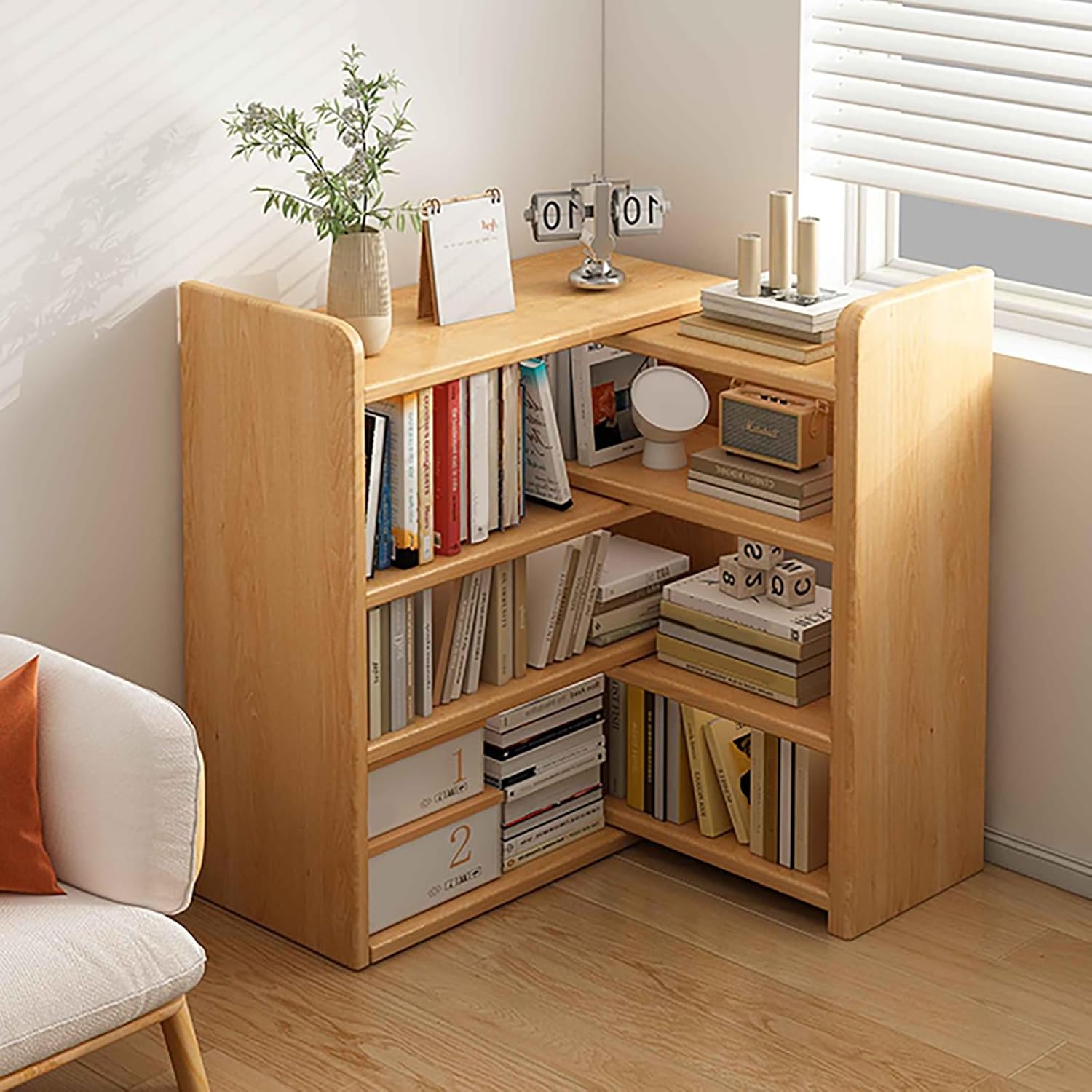 3 Tier Wooden Corner Bookshelf Expandable Convertible Bookcase with Adjustable Width, Freestanding Display Rack Shelving Unit for Home Decor Office(60cm/23.6in)