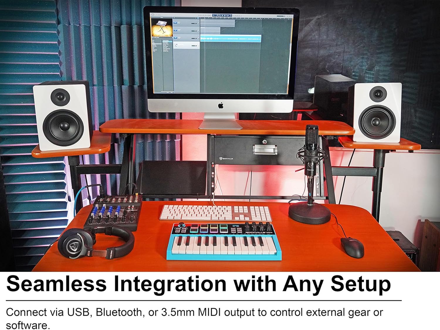 Audisavings Bundle: Rockville M25 25 Key USB Wireless MIDI Keyboard Controller With Bluetooth+8 Pads Bundle With Rockville PRO-M50 Studio Headphones w/Detachable Coil Cable, Case (2 Items)
