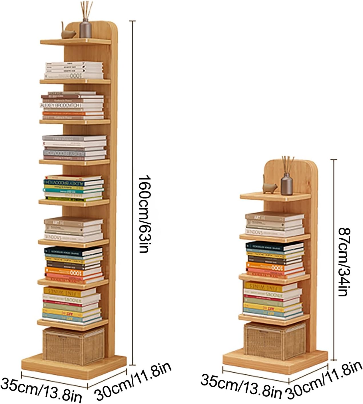 Vertical Spine Bookshelf Tower Solid Wood Open Book Shelf, 5/9-Tier Spine Book Tower Invisible Floating Storage Shelves, Small Bookcase for Small Space(Yellow,87cm/34in)