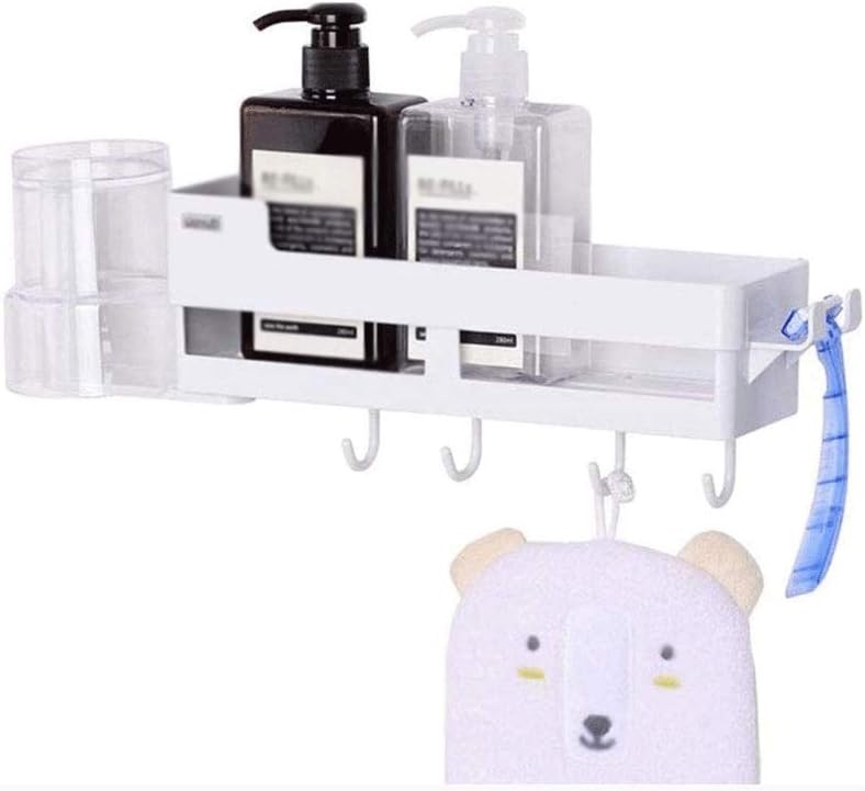 Bathroom Corner Shelf, Wall-Mounted Drain Rack,Adhesive Shower Caddy with 4 Hooks,Bath Storage Basket Kitchen Storage Organizer No Drilling