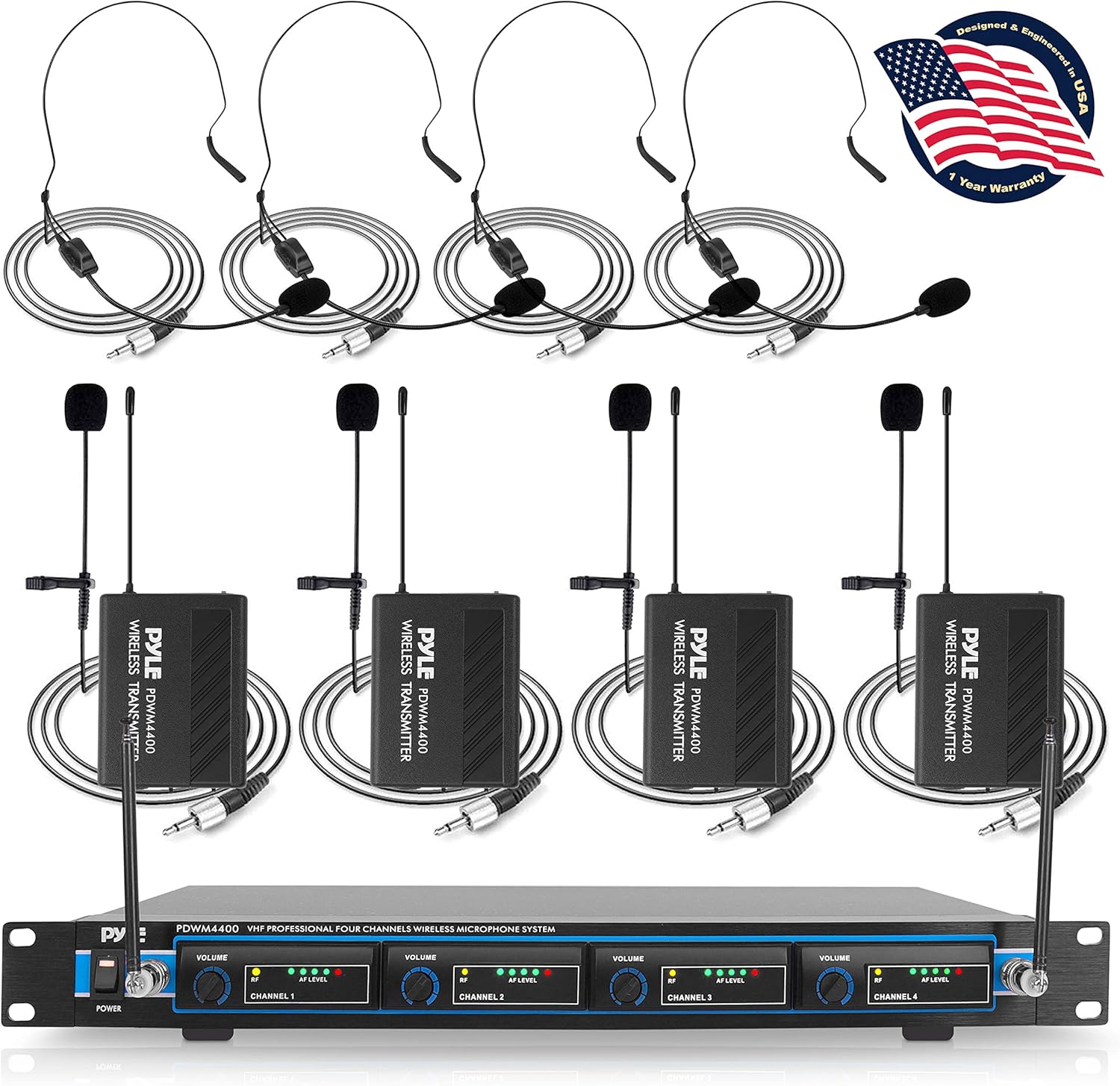 Pyle 4 Channel Wireless Microphone System - Professional VHF Audio Mic Set with 1/4