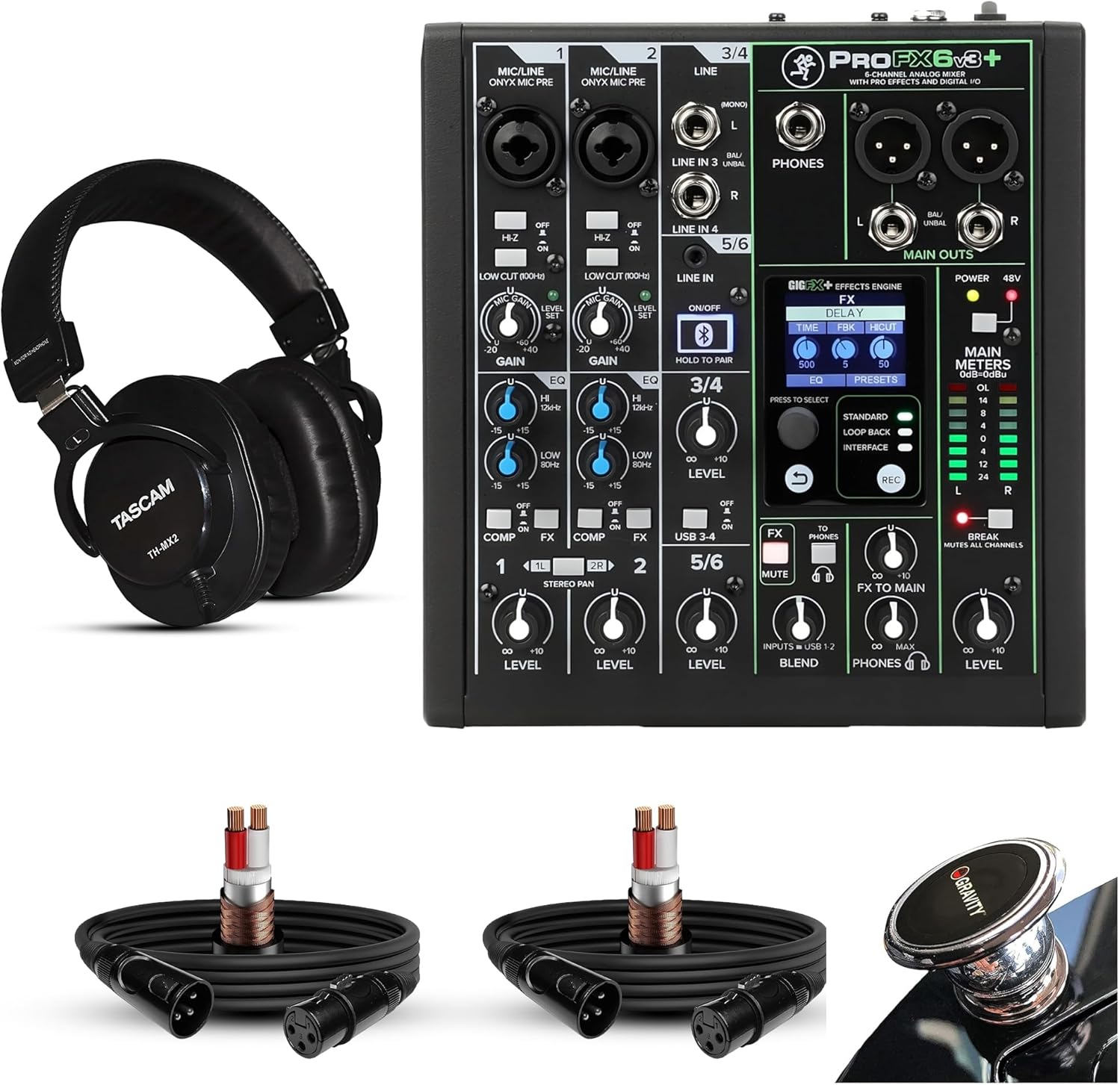 Mackie ProFX6v3+ 6-channel Mixer with Effects, Bluetooth and USB Bundle - Includes Studio Mixing Headphones and 2 XLR Cables