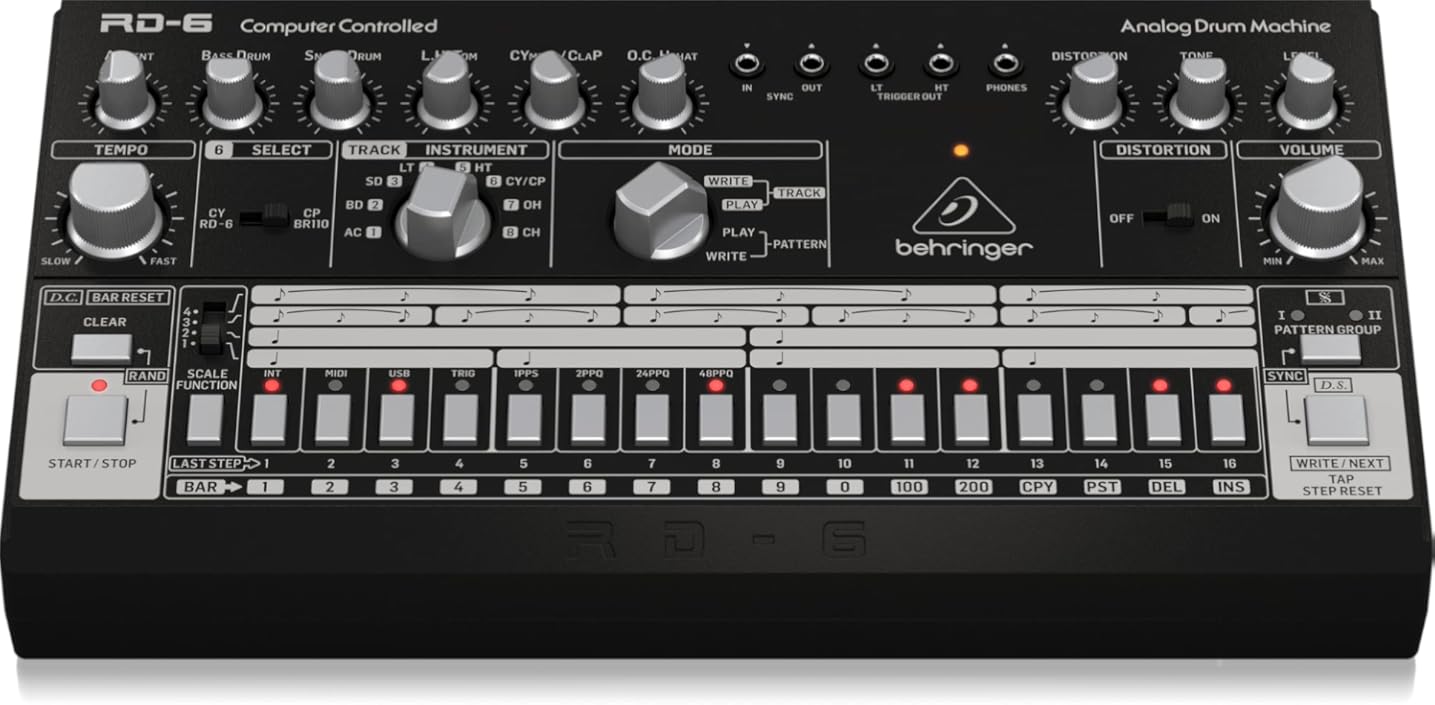 Behringer RHYTHM DESIGNER RD-6-BK Analog Drum Machine with 8 Drum Sounds, 64 Step Sequencer and Distortion Effects