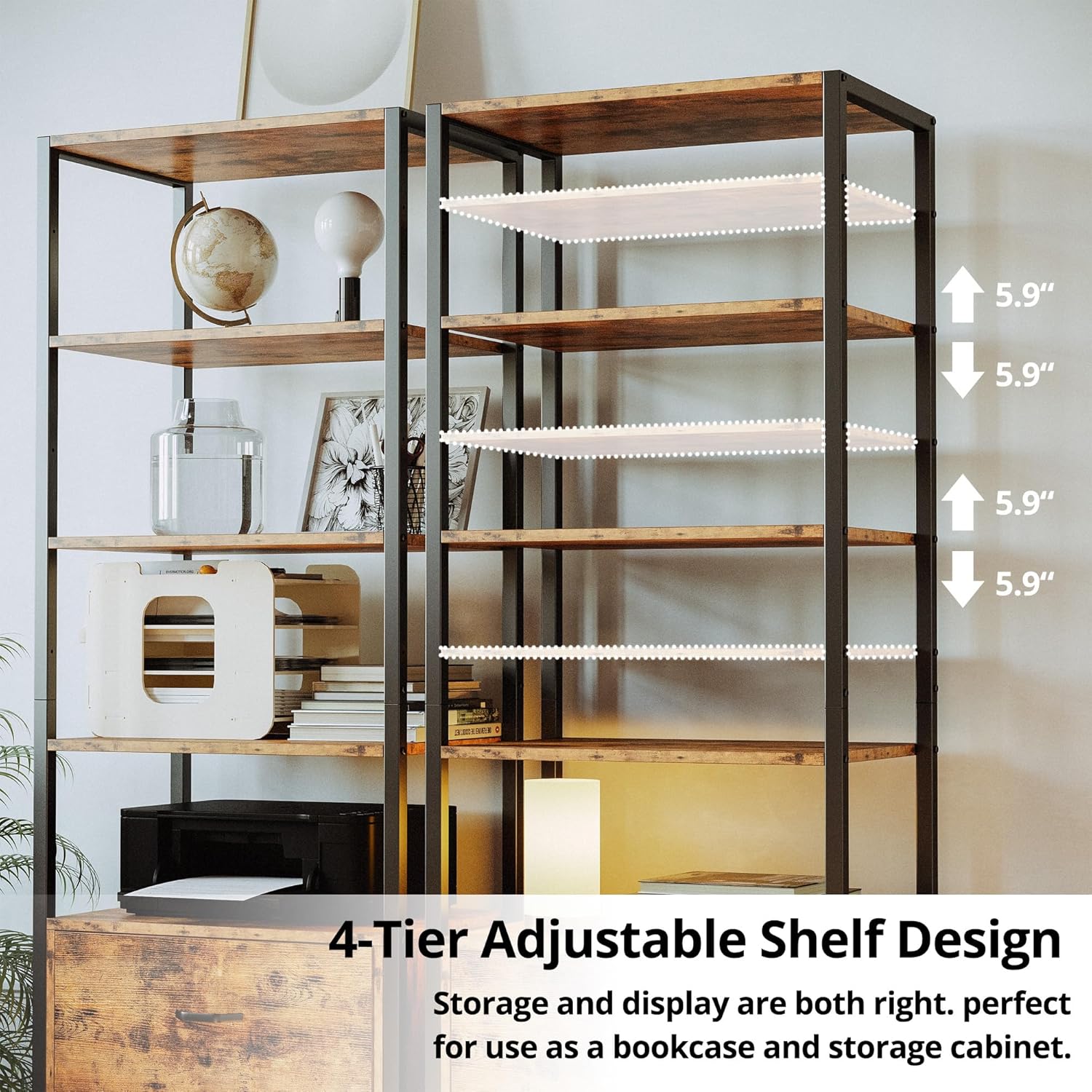 IRONCK Industrial Bookcase with File Cabinet Drawers, 71.6 in Tall Bookshelf 5 Tier, Freestanding Storage Home Office Cabinet Organizer, Rustic Home Decor, Vintage Brown