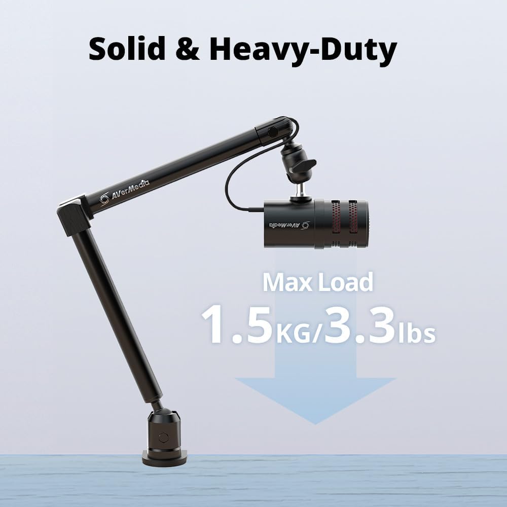AVerMedia Mic Arm with Desk Clamp, Fully Adjustable Boom Arm, 1/4” to 5/8” Adapter, Heavy Duty Mic Stand for Studio, Podcast, Gaming, including both High & Low Profile Mic Arm setups- FLEXI go BA311L