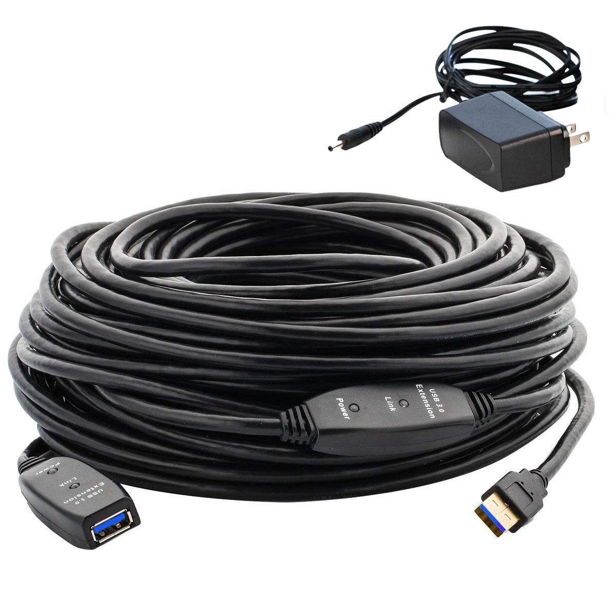 50 Feet Active USB Extension Cable 3.0 Male to Female with 2 Extension chipsets Signal Booster - Active Extension/Repeater Cord 15 Meters / 50 Feet (AC Power Supply Included)