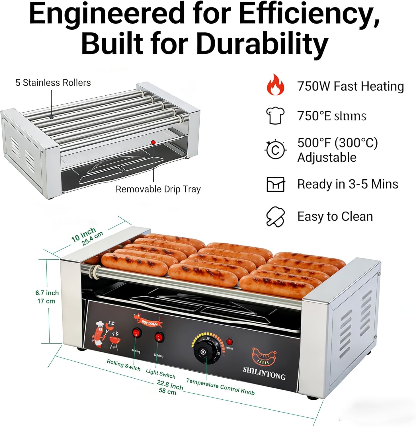 Commercial Hot Dog Roller Machine - 5 Roller Electric Grill with 16 Hot Dog Capacity, 750W Stainless Steel, Removable Drip Tray