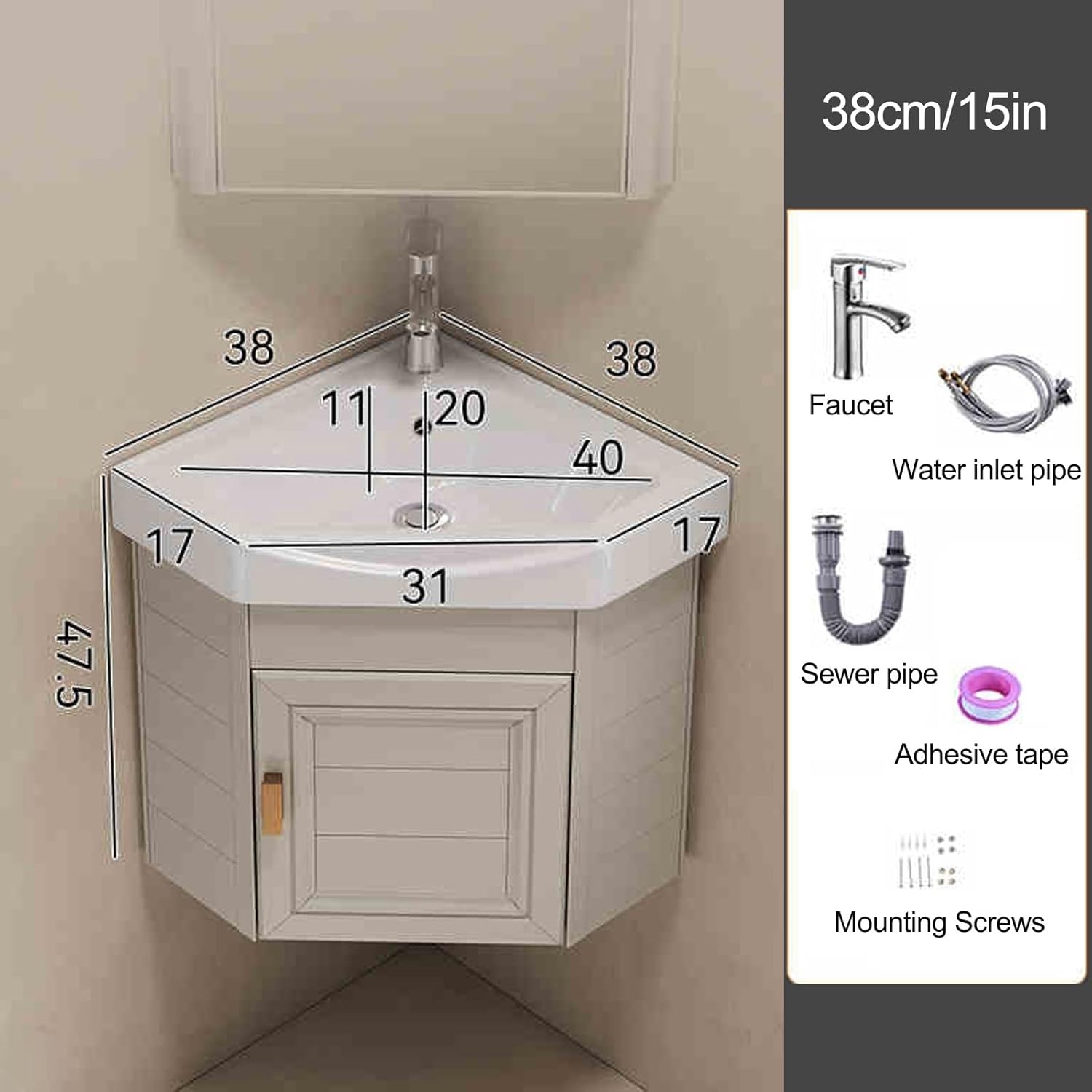 Corner Bathroom Vanity with Sink, Corner Wall Mount Bathroom Sink Corner Ceramic Sink, for Small Space Wall Mounted Cabinet Set Design, Hot & Cold Faucet Combo,One Color-38cm/15in