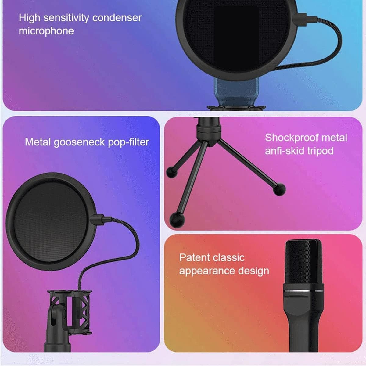 USB Condenser Microphone, Professional Studio Cardioids Microphones Kit with Windscreen and Shock Mount (Color : Black) (Blue)