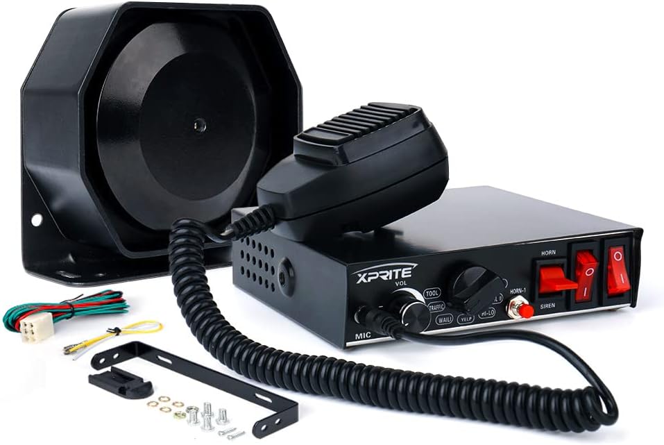 Xprite 8 Tones 200 Watt Emergency Warning Siren Extra Slim Speaker PA System Kit w/Handheld Microphone & 2 Lights Control Switches