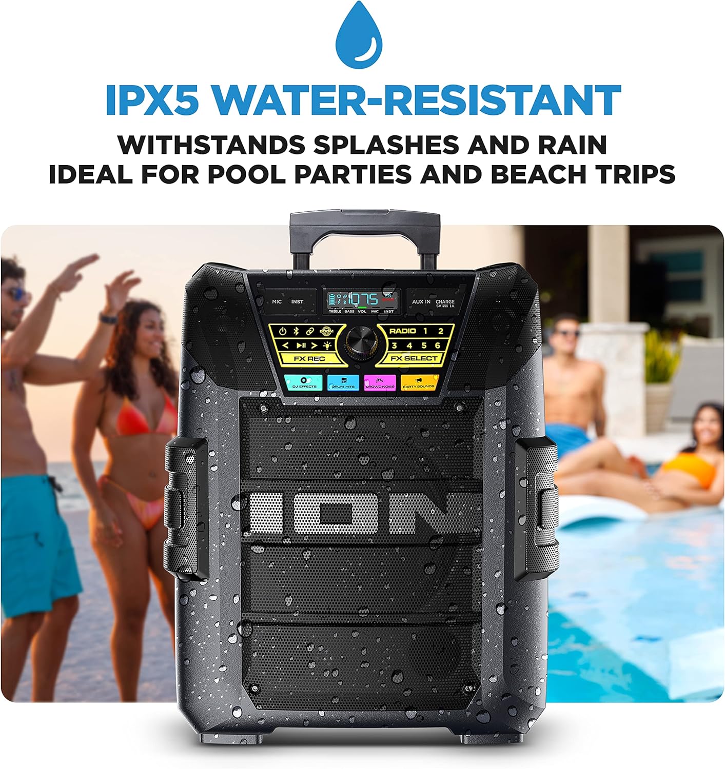 ION Block Rocker XL - Portable Bluetooth Outdoor Party Speaker, 220W, with Karaoke Microphone, Battery, 5 Speakers, Lights, Radio, USB Charging & App