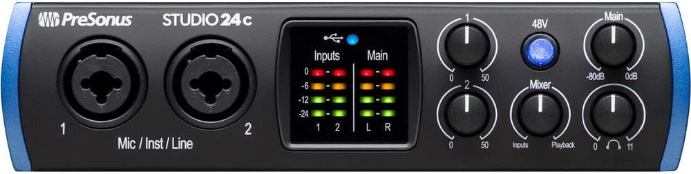 PreSonus Studio 24c 2x2 USB Type-C Audio/MIDI Interface with Kellopy Pop Filter, Mic Boom Scissor Arm Stand, 10ft MIDI Cable & XLR Cable Bundle