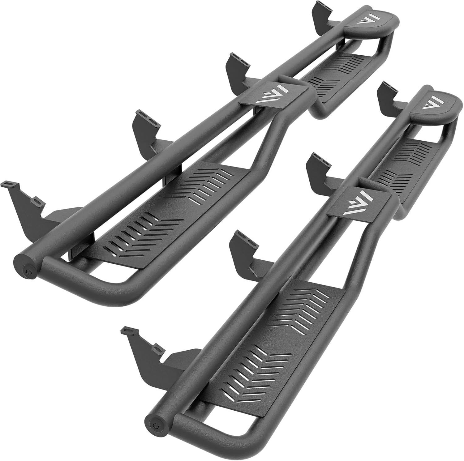 Two Raised Steps CrewMax Cab Running Boards Compatible with 2007-2021 Toyota Tundra Crew Max Cab Side Steps, Two Stair Design Style Black Truck Side Rails Nerf Bars (Black Powder Coated)