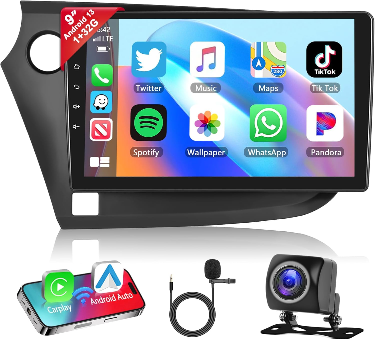 Podofo Car Stereo for Honda Insight 2009 2010 2011 20121 2013 2014 with Wireless Apple Carplay & Android Auto,9 Inch Touchscreen with Bluetooth/GPS/WiFi/FM&RDS/EQ/DSP+AHD Backup Camera+MIC