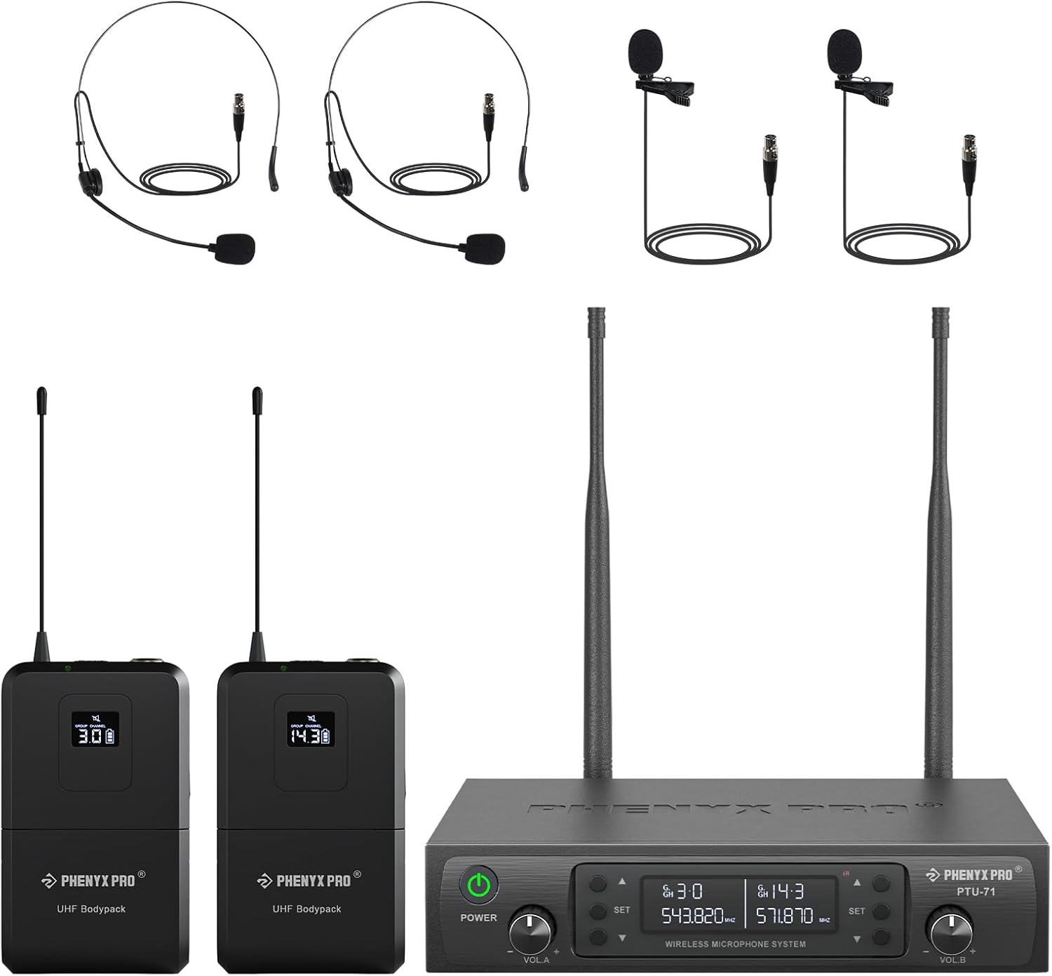 Phenyx Pro Dual UHF Wireless Microphone System，Auto-Scan Cordless Mic Set w/ 2x100 Frequencies, 2 Bodypacks & Headsets/Lapel Microphones for Speaking, Singing, Church, DJ (PTU-71-2B)