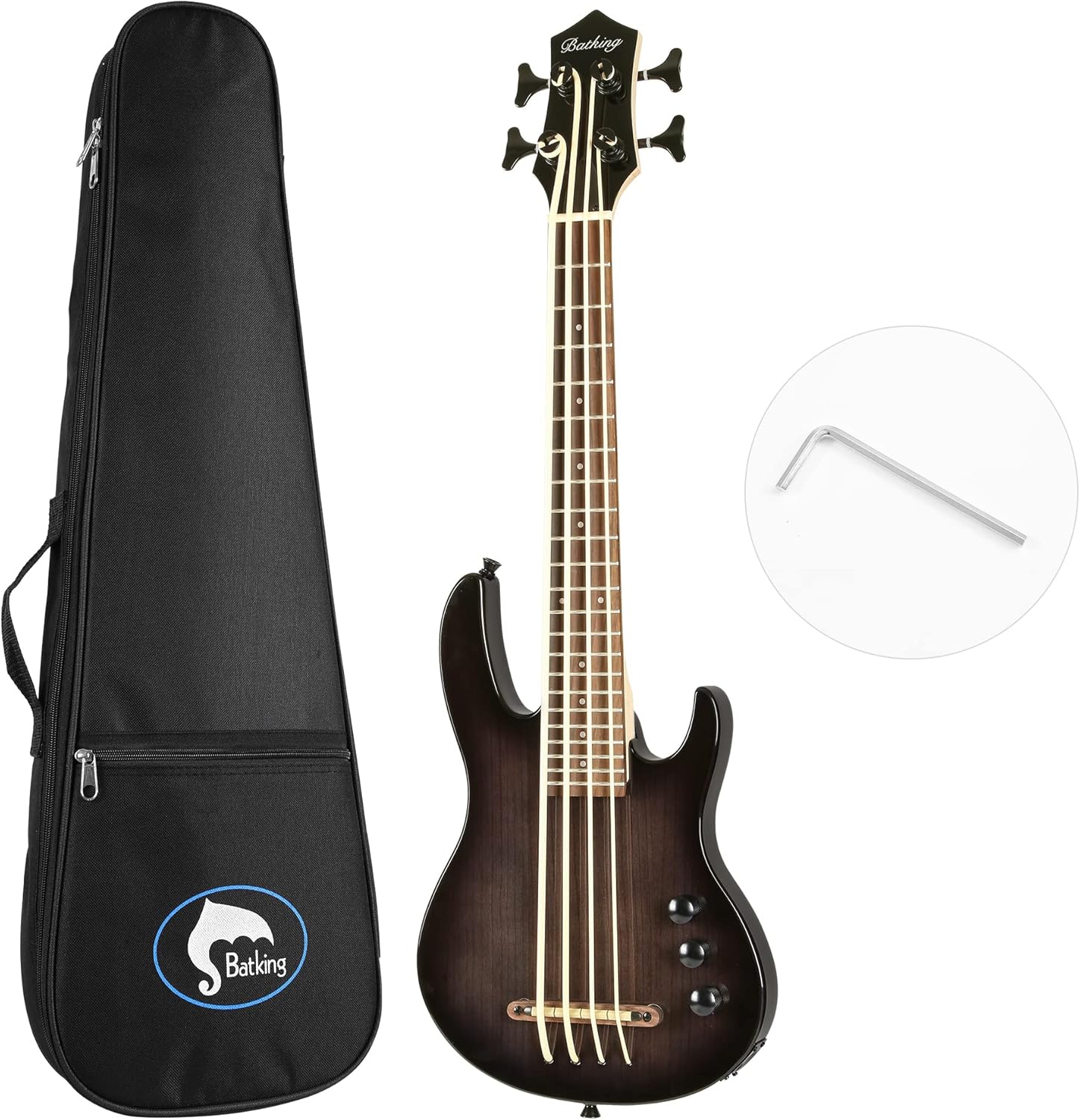 Batking Ukulele bass fretted 4 String Ukelele, Electric Uku bass with Gig bag(Black)