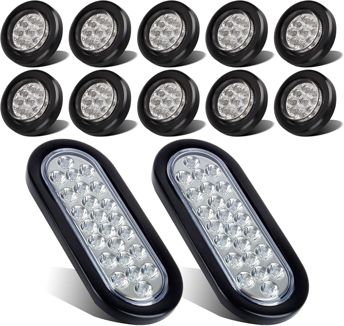 Partsam 10x 2 Round Amber Led Marker Clearance Light 9LED Clear Lens w Reflector Kits Trailer+2x Oval Brake Stop Tail Turn Sealed Marker Lights Flush Mount 6.3