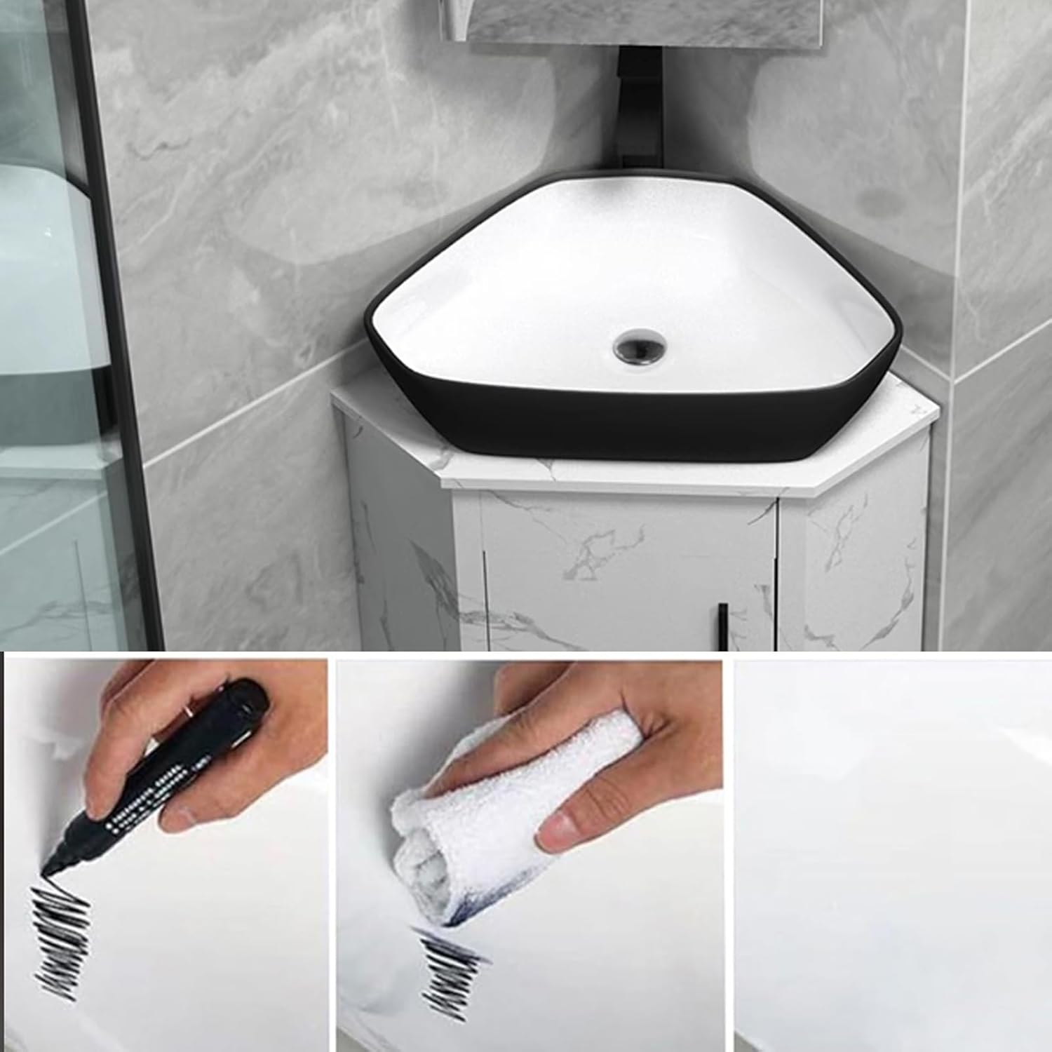 Corner Bathroom Sink, Ceramic Basin Wall Mount Vanity, Floating Wash Basin, Corner Pedestal Sink for Small Space, Bathroom Sink with Storage Container(White)