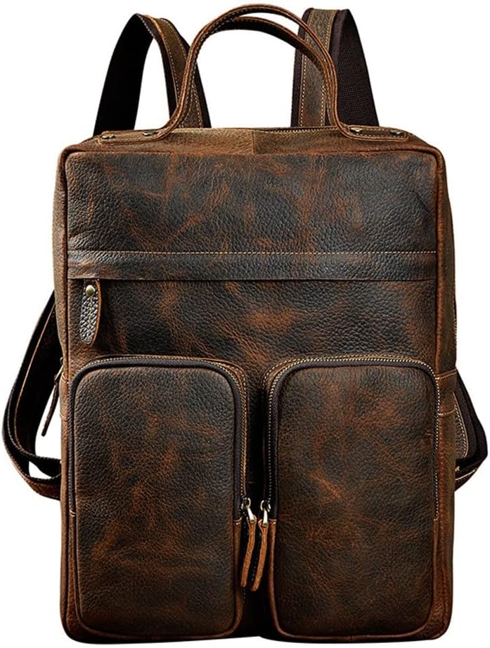 Retro Genuine Leather Backpack for Men Large Capacity Travel Computer Bag College School Backpack Gift Box (Coffee)
