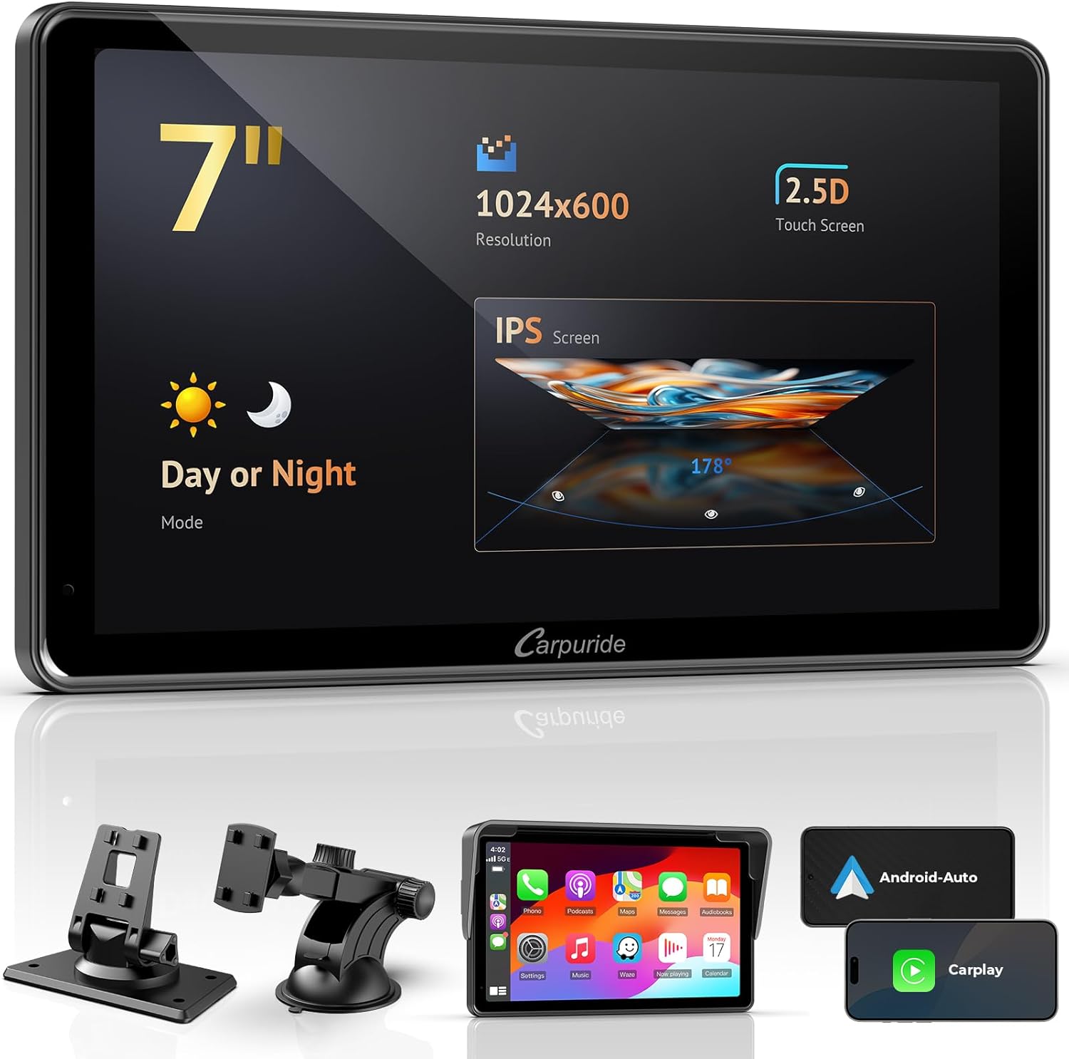 CARPURIDE 7 Inch Carplay Screen for Car，Wired/Wireless CarPlay Screen for Apple CarPlay & Android Auto, Mirror, Siri, Bluetooth, Navigation, External MIC Port, TF Card/USB Playback