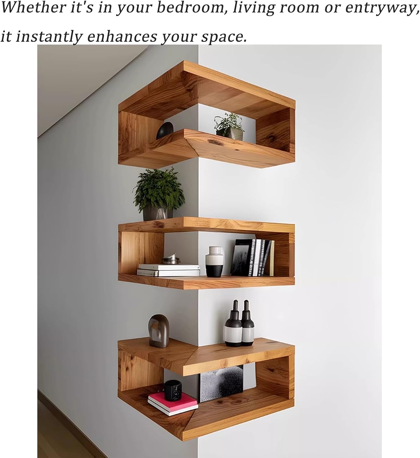 Solid Wood Corner Floating Shelf, Corner Shelf Wall Mounted, Wood Wall Display Shelves Storage Rack for Bedroom, Living Room, Home Office (39.4