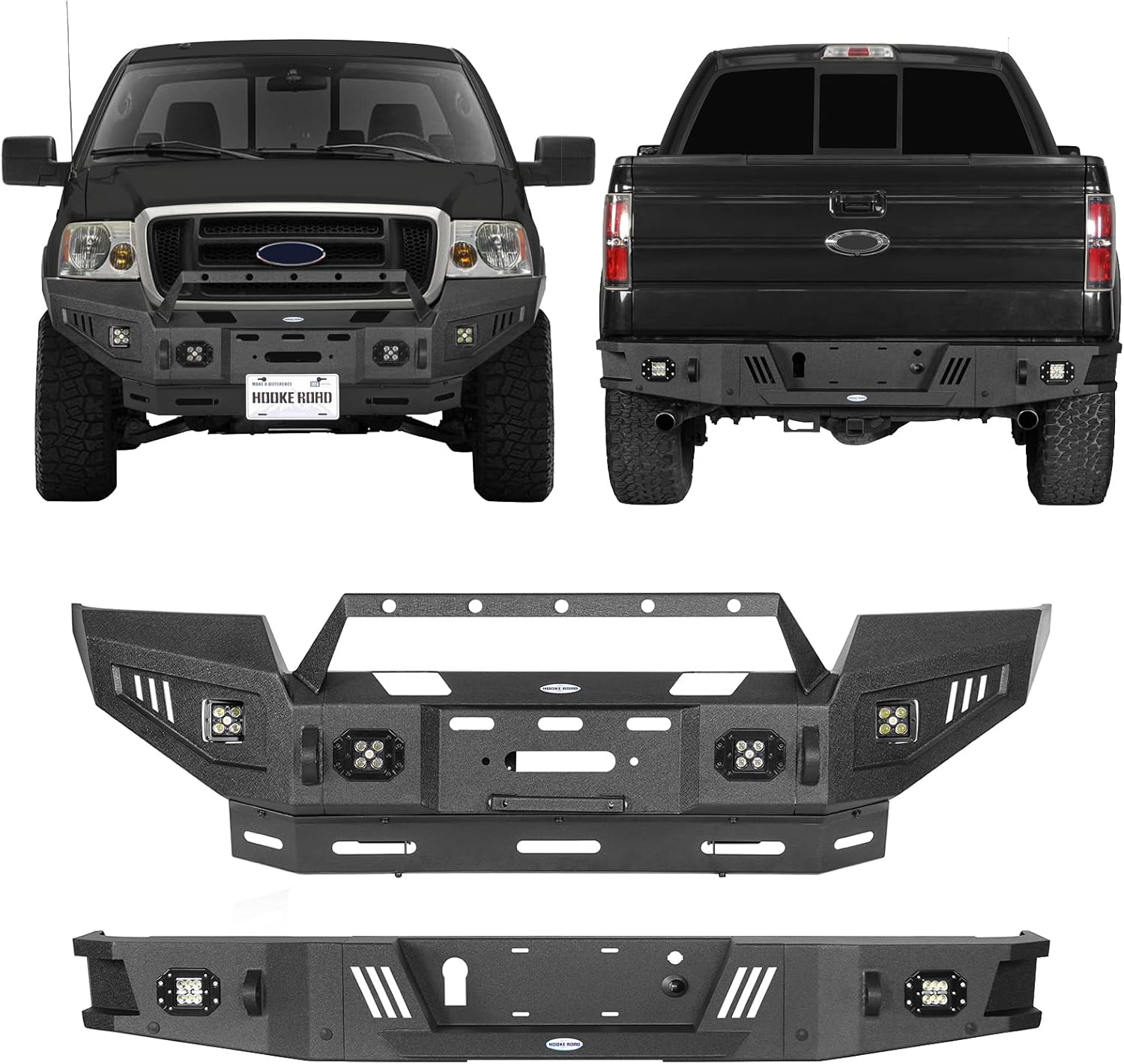 Hooke Road F150 Front and Rear Bumpers for 2006-2008 Ford F-150 (Excl. Flareside) | Off-Road Steel Bumpers with Bull Bar, Winch Plate, LED Lights & D-Ring Mounts