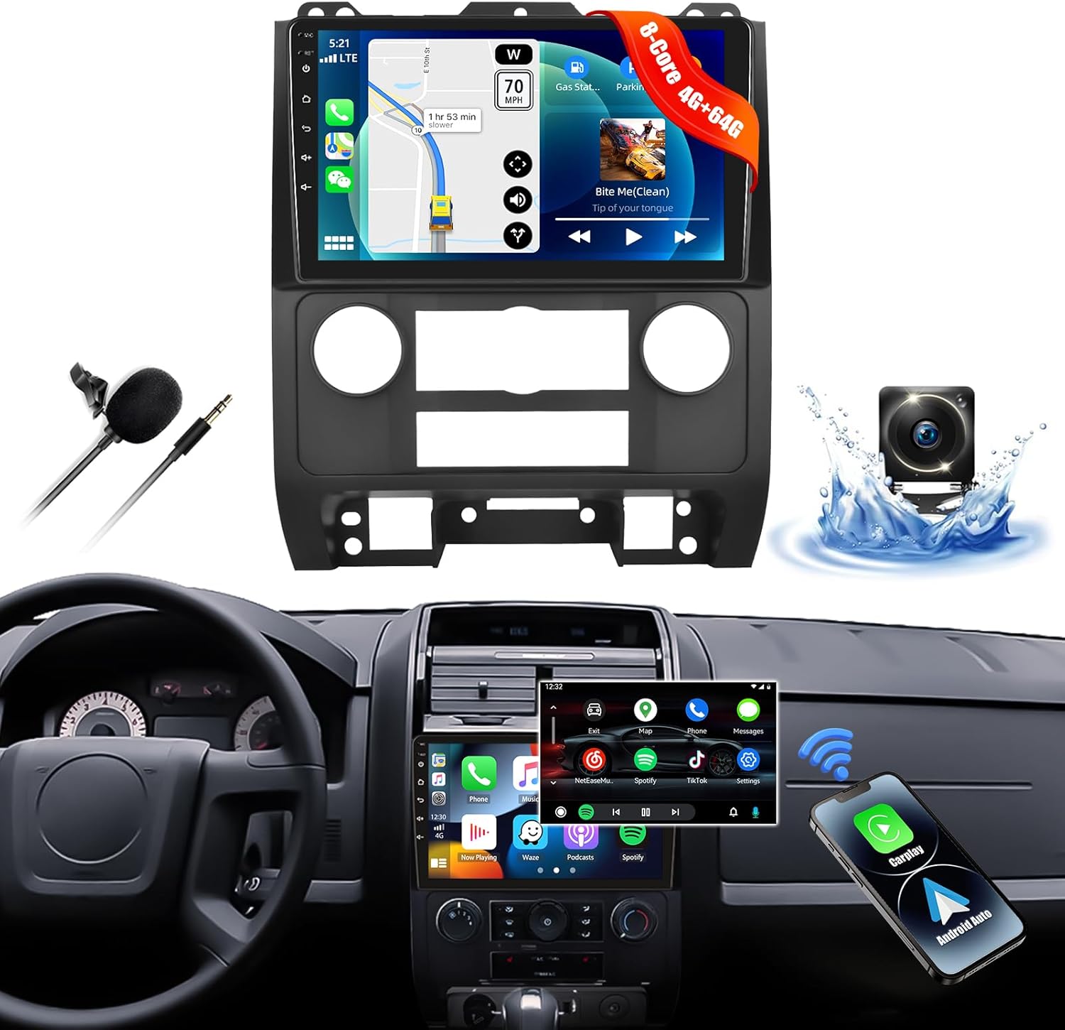 4G+64G 8-Core Car Radio Stereo for Ford Escape/Mazda Tribute 2008-2012 with Wireless CarPlay Android Auto 9