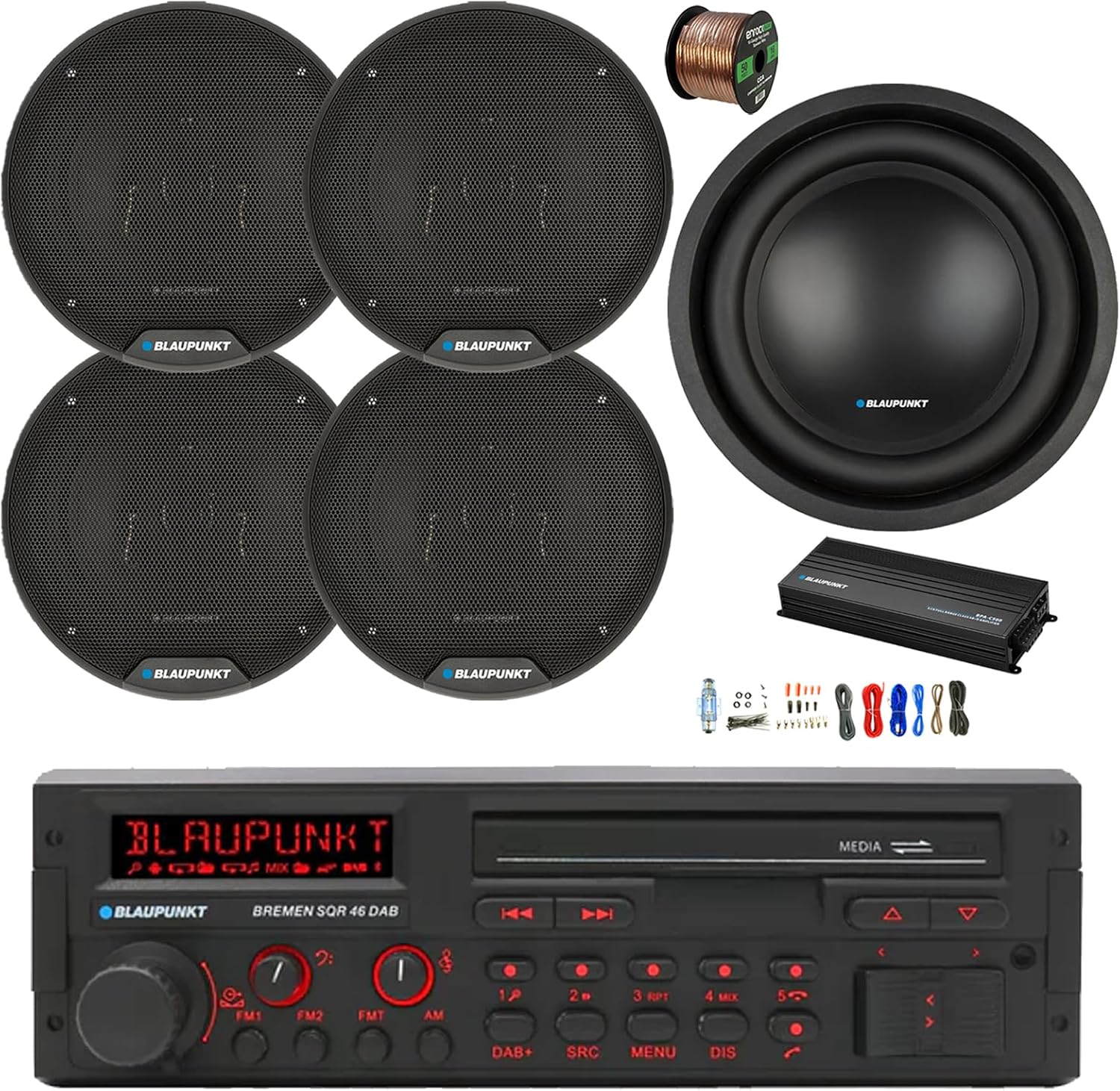 Blaupunkt BREMEN Single DIN 80's Retro Classic USB Bluetooth AM/FM Radio Receiver, 5-Channel Amplifier w/Kit, 10