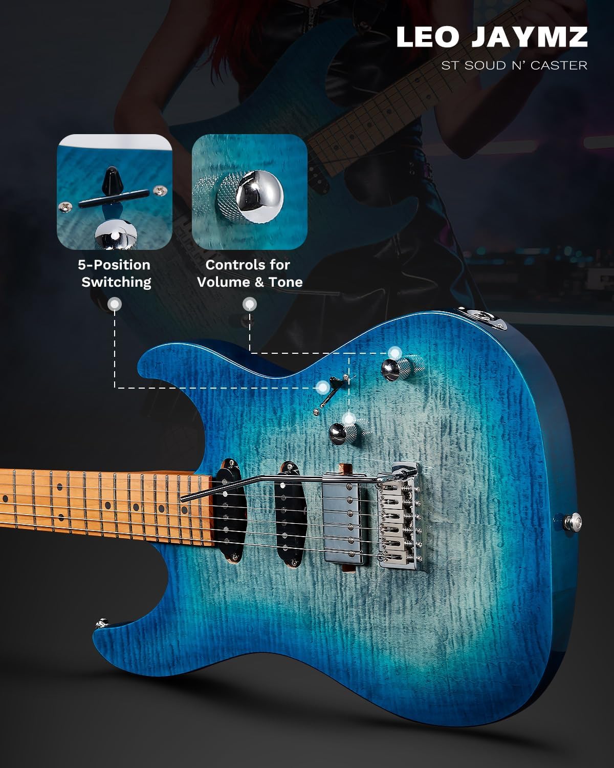 Leo Jaymz ST Pro Electric Guitar with Coil-Split, Roasted Maple Neck, Maple Fingerboard, Mahogany Body, Alnico 5 Pickups