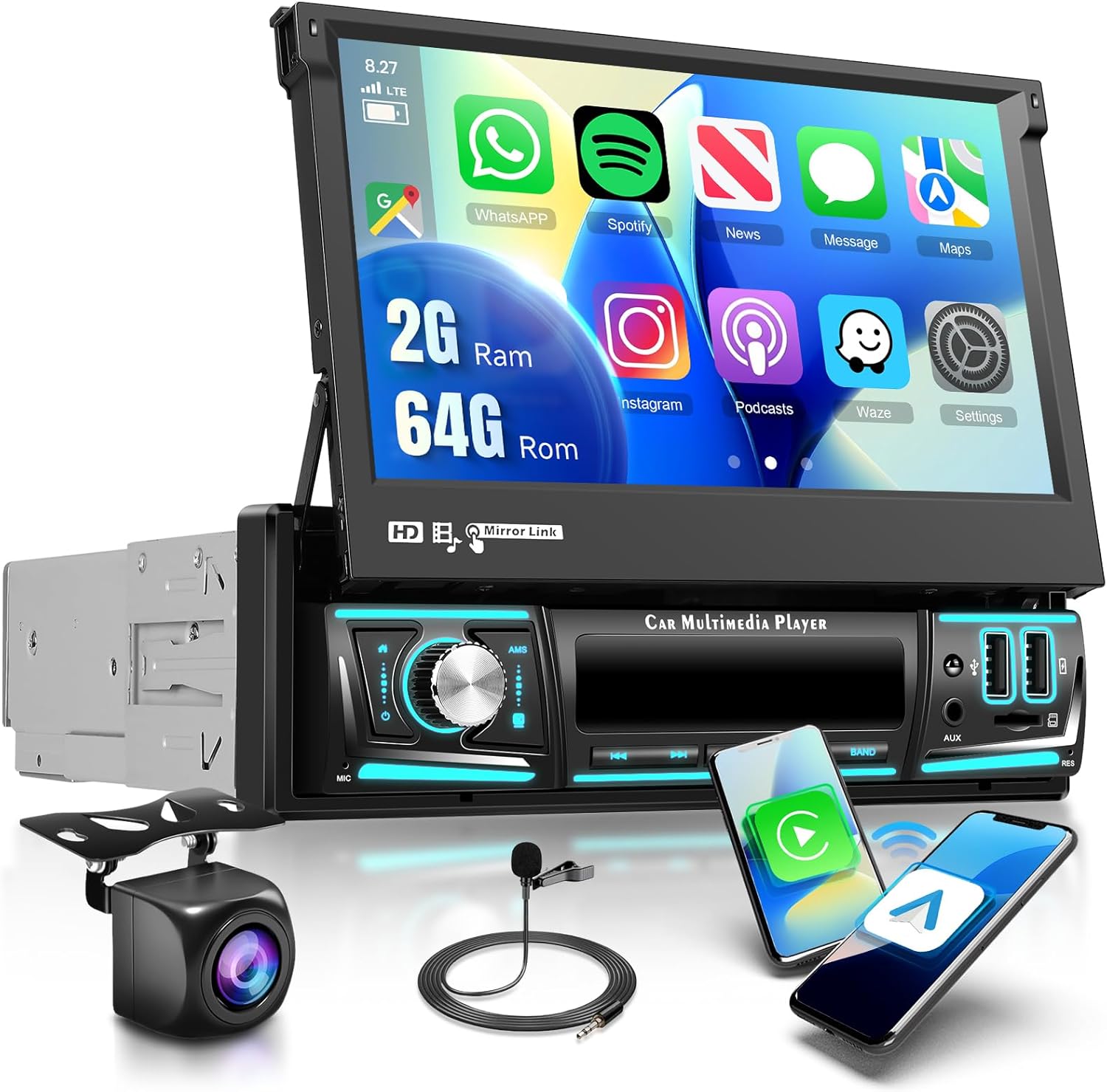 Upgrade Android 15 Single Din Car Stereo with Wireless Carplay Android Auto buil-in GPS Navi,7