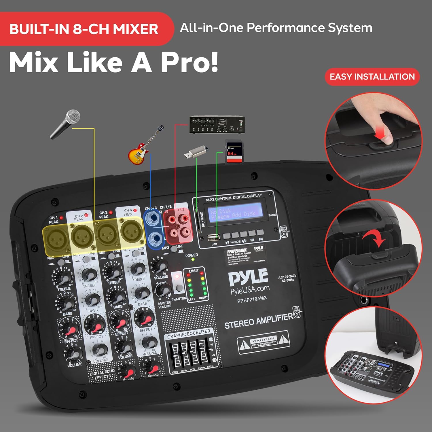 Pyle PA Speaker DJ Mixer Bundle - Portable Wireless Bluetooth Sound System w/ USB SD XLR 1/4