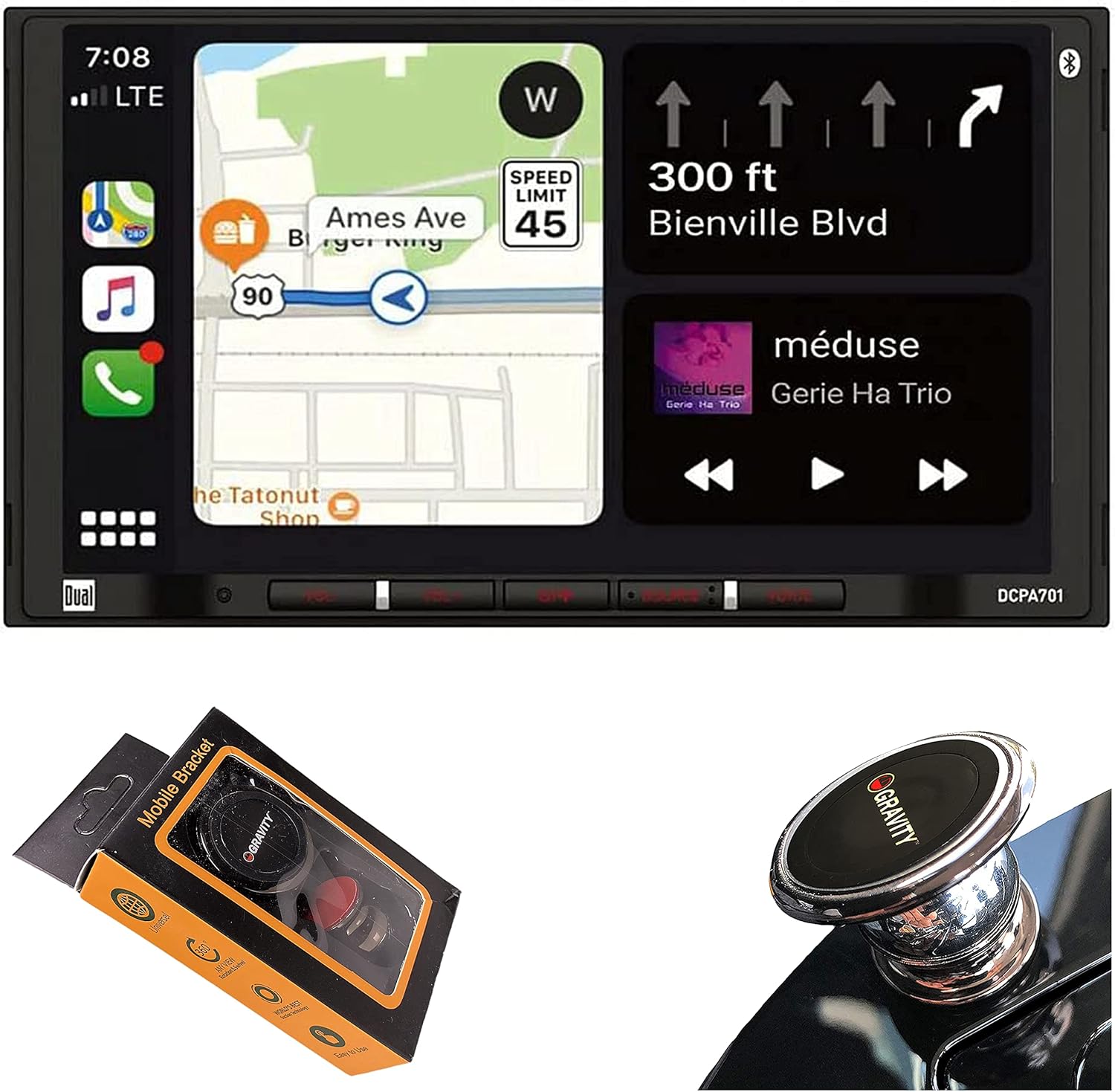 Dual Electronics DCPA701 7-Inch Single-DIN in-Dash Digital Media Receiver with Bluetooth, Android Auto and Wired Mirror Phone to The Unit with Gravity Magnet Phone Holder Bundle