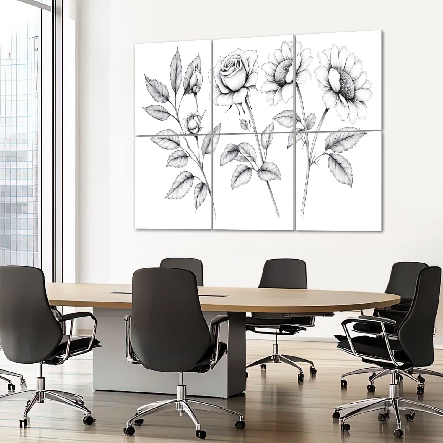 6 Pack Art Acoustic Panels Sound Absorbing Daisies Navy Flower Sunflower Leaves Stem Petals Black drawn Decorative Soundproof Wall Panels Self Adhesive for Recording Studios Office 72