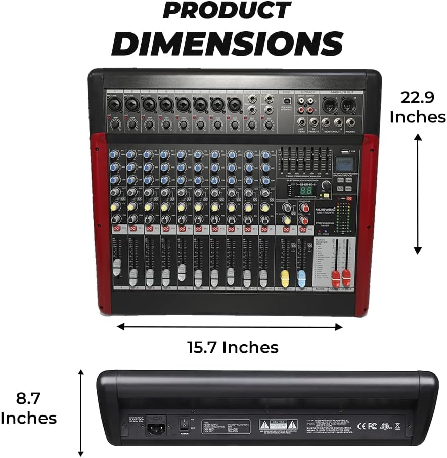 MUSYSIC PA Audio Mixer, Dual Bit FX Processor, 24 Built-in Preamp & Professional Amp, 99 Sound Effects USB/WMA/SD/MP3/Bluetooth Interface - DJ and Studio Gear with 66m Faders - 12 Channels 7 Band GEQ