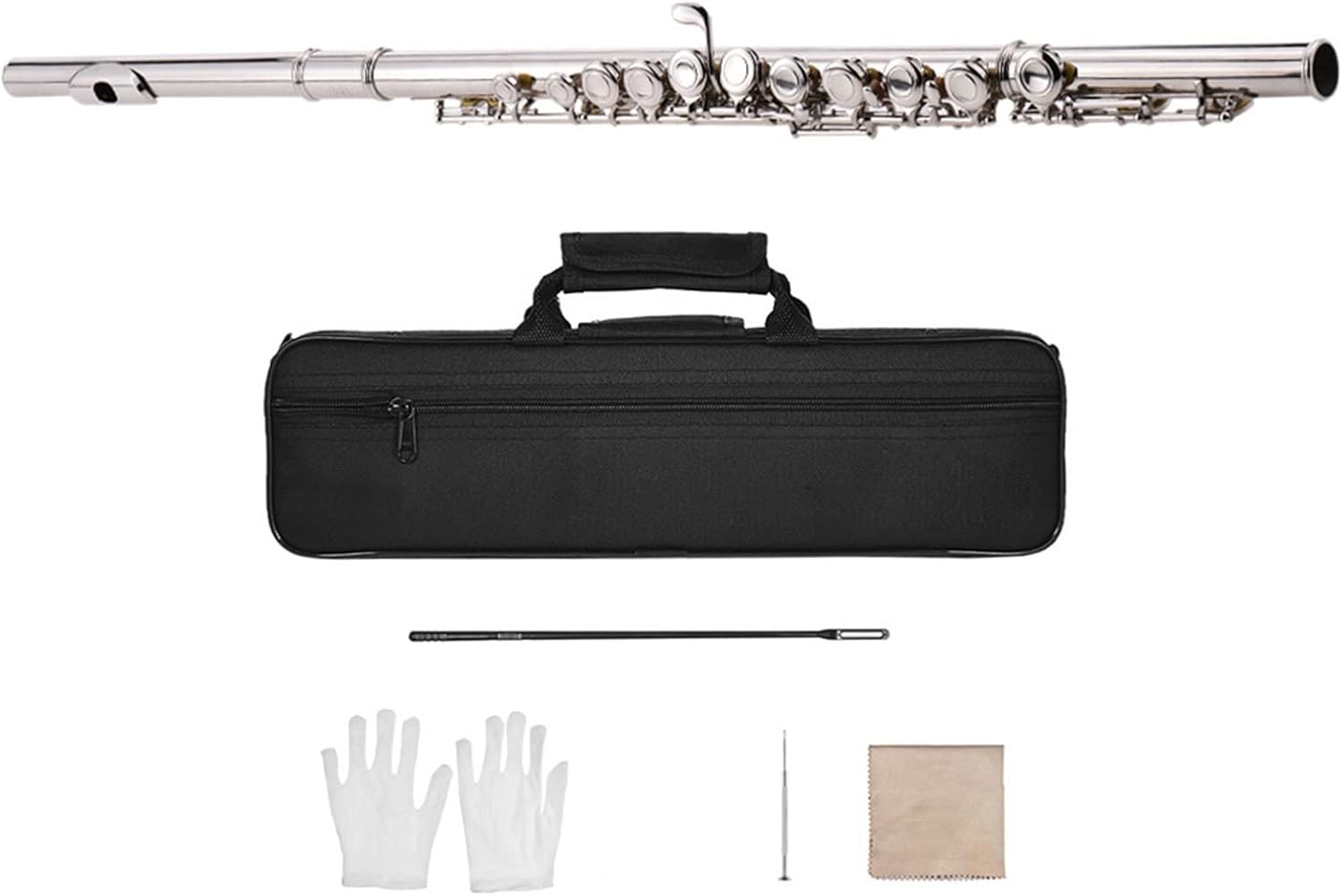 Flute Kit Western Concert Flute Nickel Plated 16 Holes C Key Cupronickel Woodwind Instrument with Cleaning Cloth Stick Gloves Padded Bag Intermediate Flute