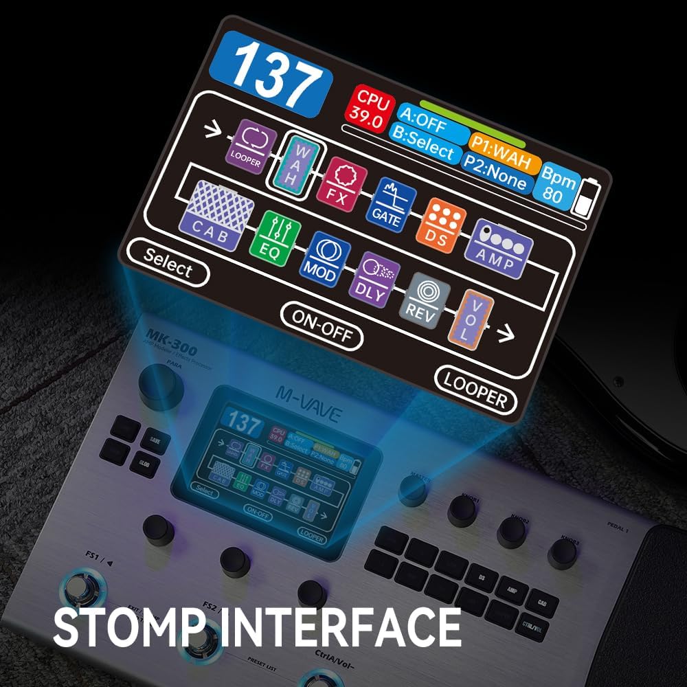 MK-300 Guitar Multi-Effects Processor Pedal with 320+ Effects,160 Presets,Looper, Expression Pedal, Drum Machine,MIDI Port, IR Loader,Neural Network Modeling，Guitar/Bass