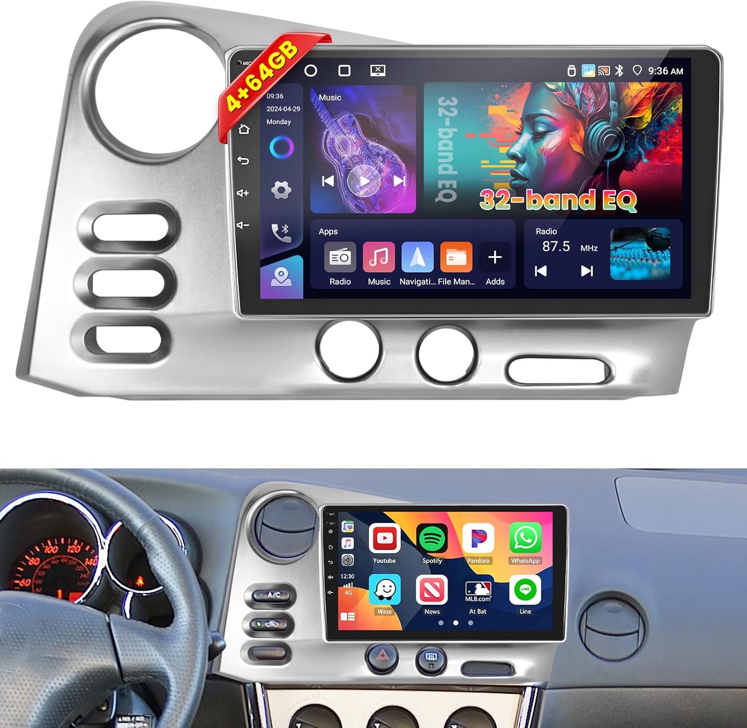 [4+64G] Android 15 Car Radio for Toyota Matrix Radio 2003-2004 Pontiac Vibe Radio 2003-2008 with Carplay Android Auto, 9