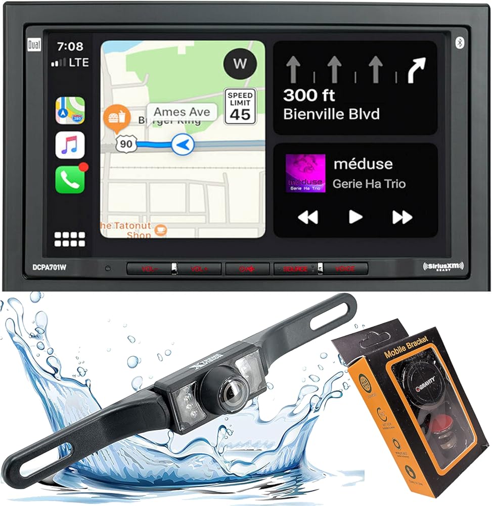 Dual DCPA701W 7-Inch Single-DIN in-Dash Digital Media Receiver with Bluetooth, Android Auto and Wireless WiFi CarPlay Android Auto to The Unit with Gravity Magnet Phone Holder and Camera PK1 Bundle