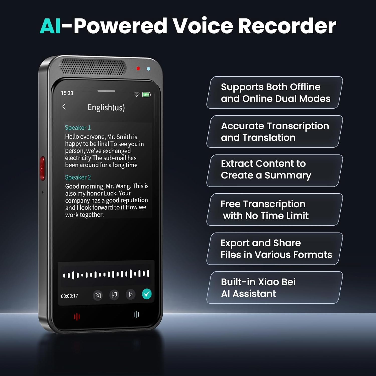 AI Voice Recorder, 80GB Digital Voice Recorder with Free Transcription, Summarize, Translation Base on AI Technology, Online Offline Work, Support 134 Languages, AI Recorder for Lectures, Meetings
